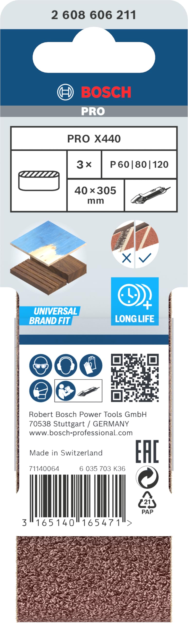 Bosch 3x Nastro abrasivo PRO X440 per levigatrici, 3 pz (per Vernice su legno, Legno duro, 40 x 305 mm, Grano 60, 80, 120, Professional Accessorio Levigatrice a nastro)