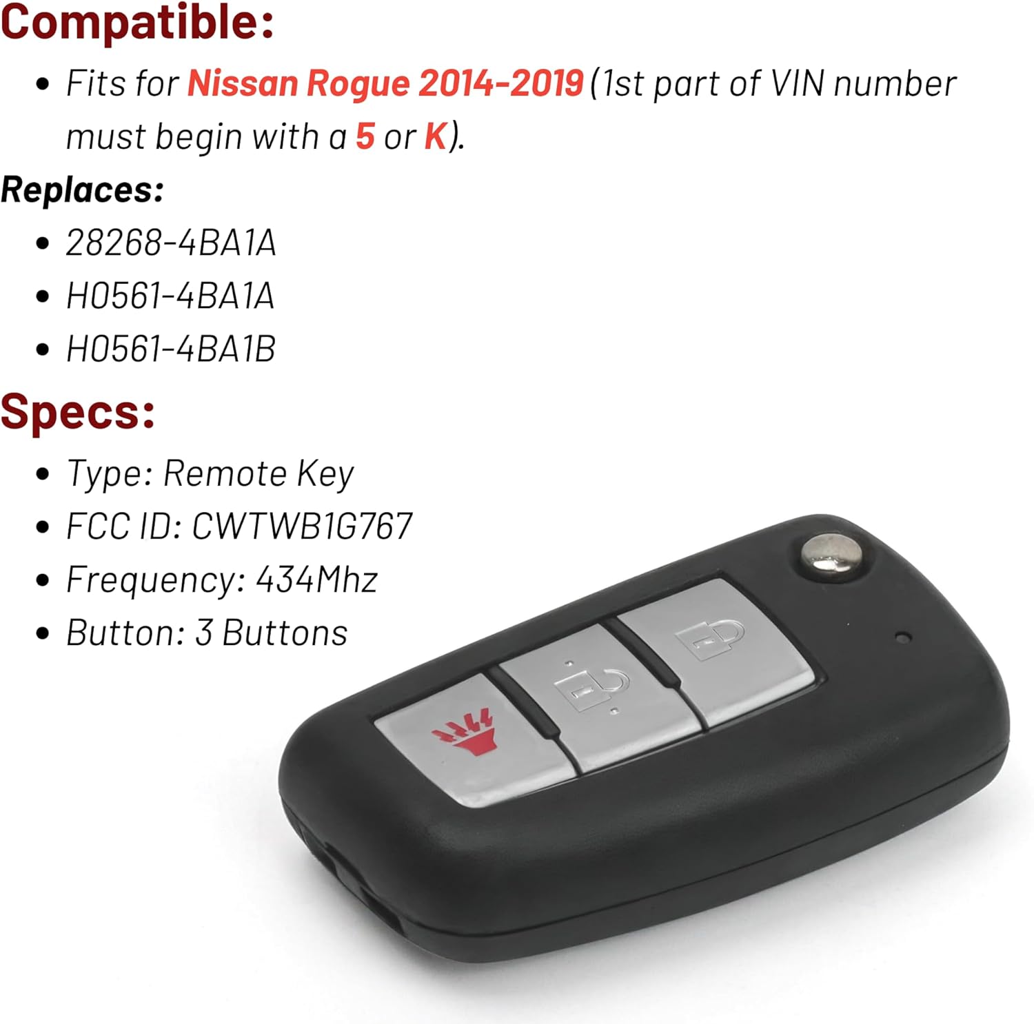 Key Fob Fit for Nissan Rogue 2014 2015 2016 2017 2018 2019 Car, 3-Button Flip Remote Replacement, Keyless Entry Uncut Ignition Accessories, FCC ID: CWTWB1G767, Replace H0561-4BA1A, H0561-4BA1B, 434MHz - Image 3
