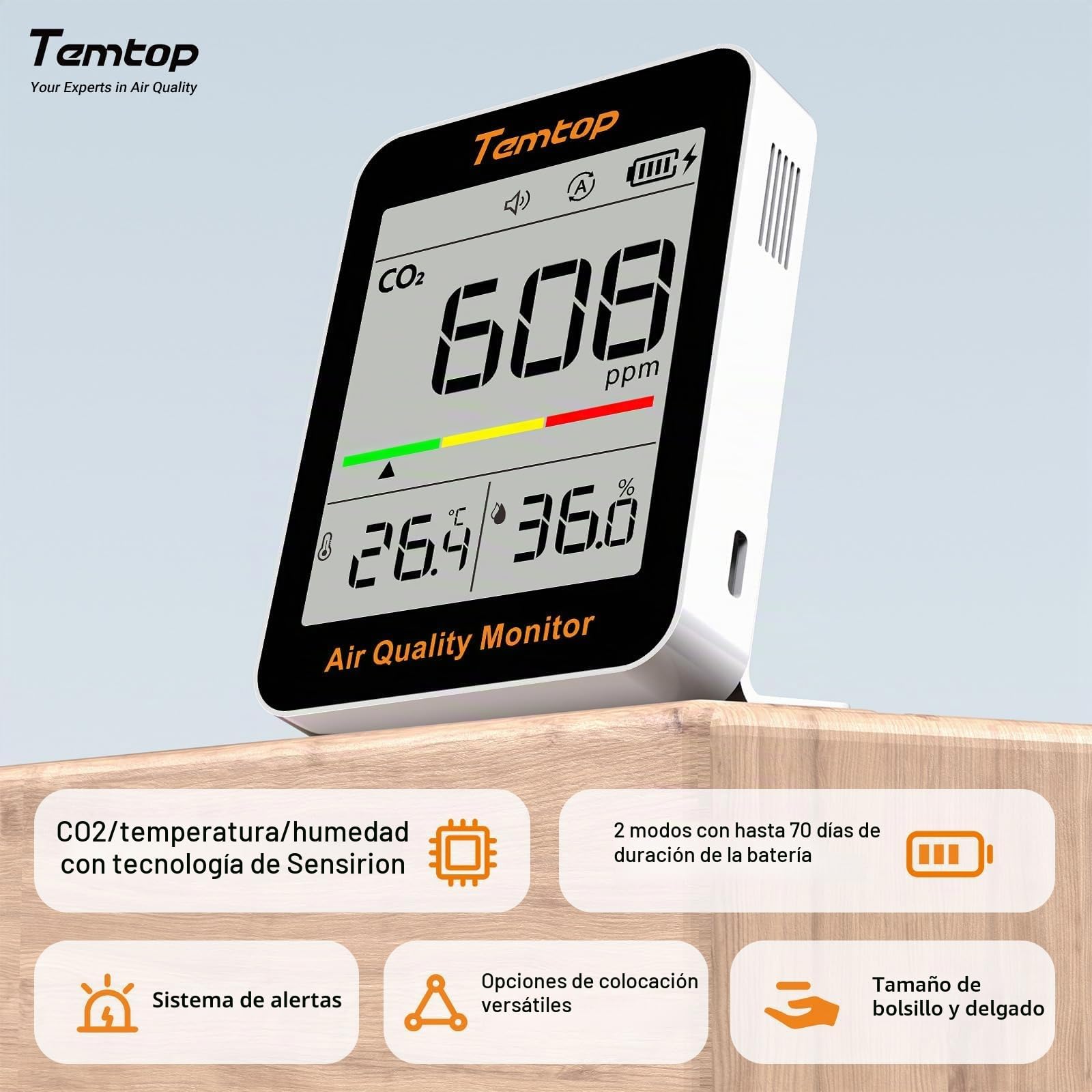 Temtop C1 Monitor de CO2, Monitor de Calidad del Aire Interior Medidor Portátil de CO2 Temperatura Humedad Hogar Oficina o Escuela