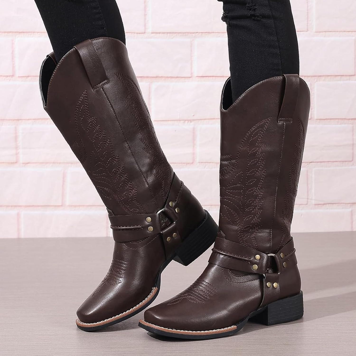 HINDOLA Mid Calf Cowboy Boots for Women Wide Calf Western Cowgirl Boot Square Toe Chunky Block Heel Classic Fashion Boots