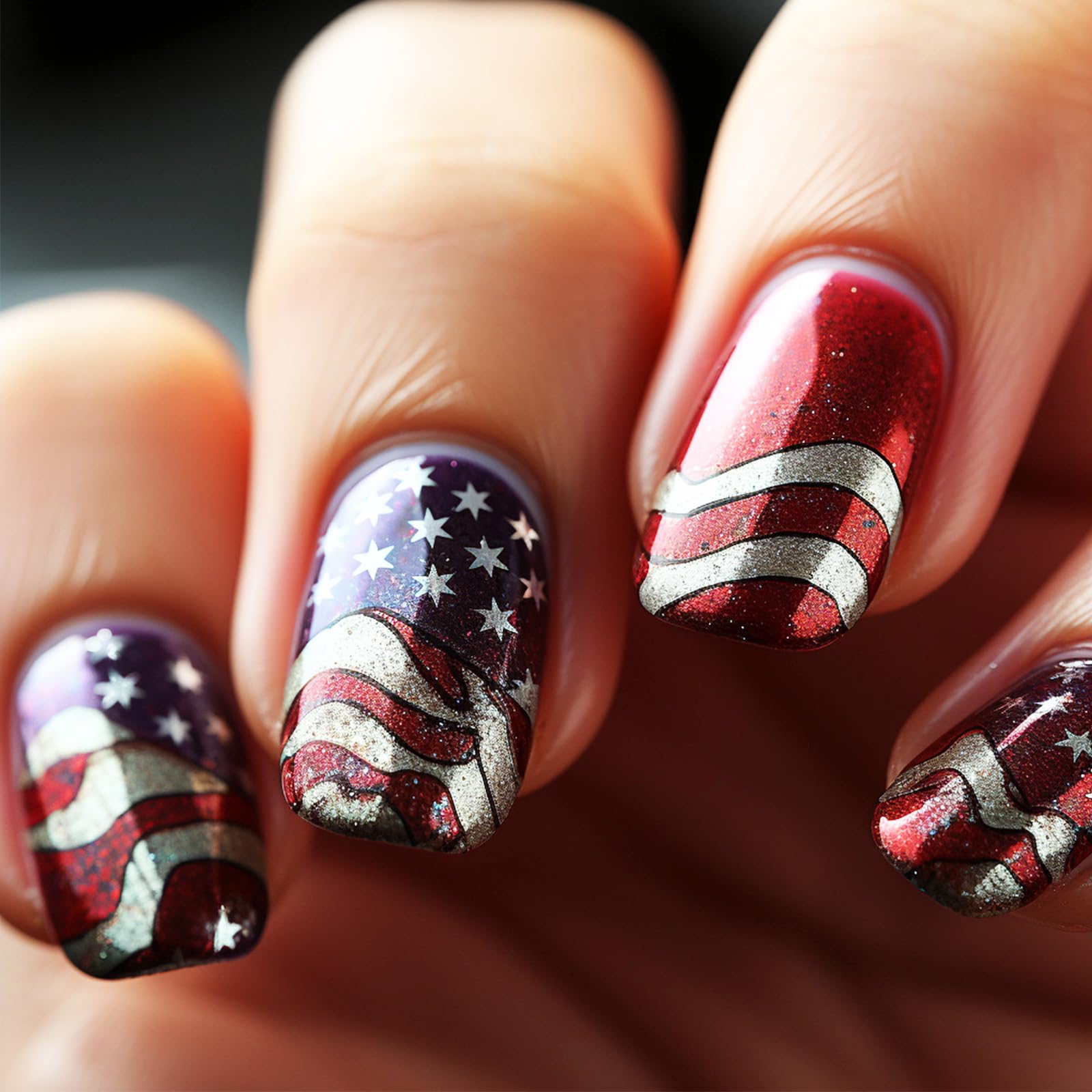 4th of July Press on Nails 24Pcs White Stars Fake Nails Short Square Acrylic Full Cover False Nail Fourth of July Gel Glue on Fingernails Glossy Red