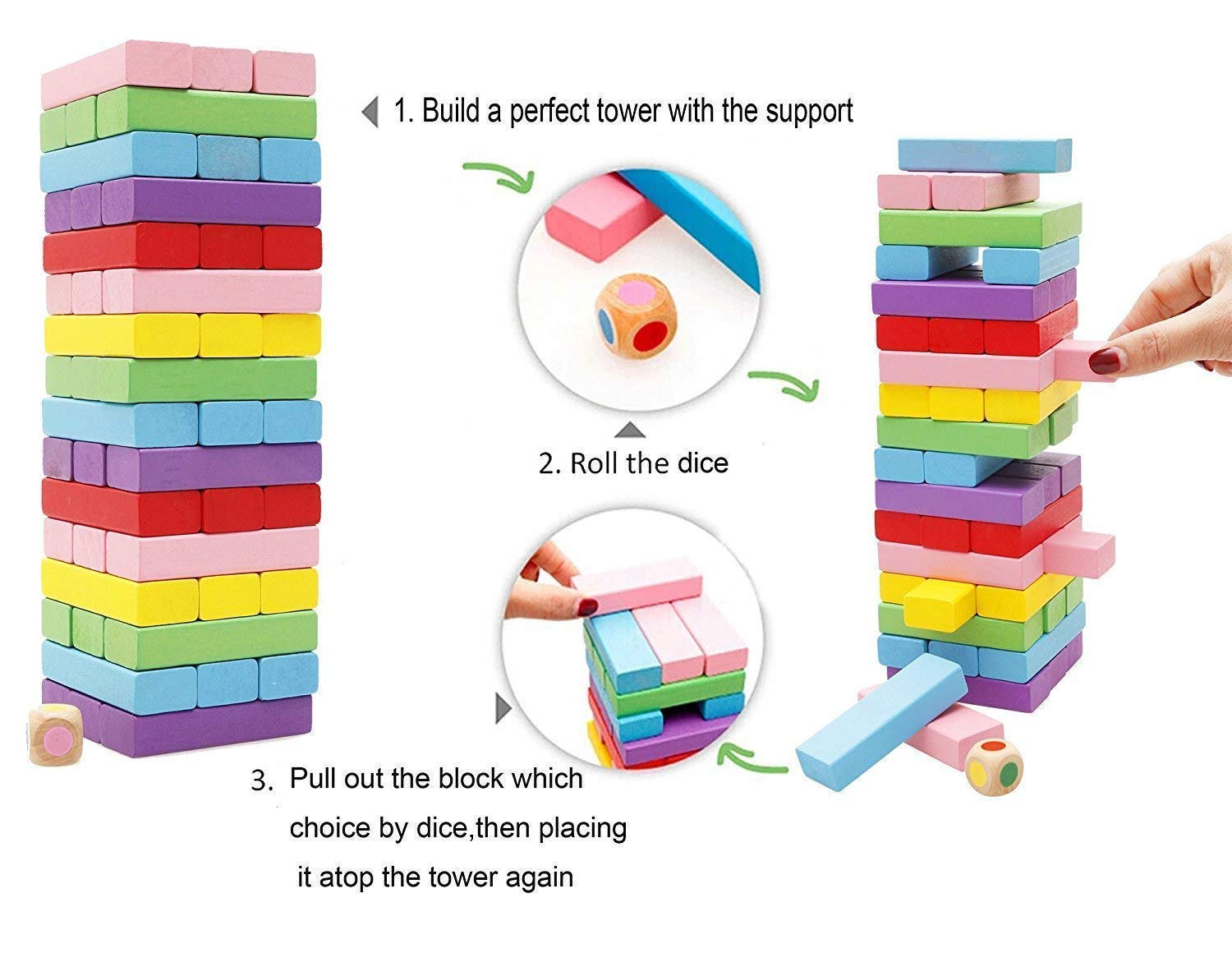 Mahi Enterprise? Multi Colour 54 Pcs Blocks 1 Dices Wooden Numbered Building Bricks Stacking Classic Traditional Toppling Tumbling Tower Game Kid Gift - Challenging Maths for Adults and Kids