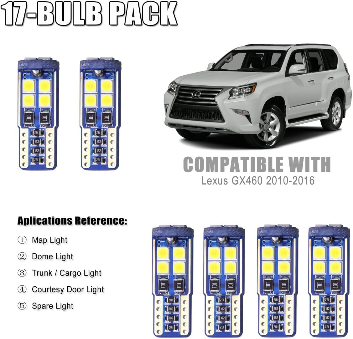EBAIFUN 17-pc Ice Blue LED Interior Light Kit Compatible with Lexus GX460 2010 2011 2012 2013 2014 2015 2016 Reading Map Dome Sun visor Vanity Mirror Trunk Cargo Courtesy Door Bulb Replacement Package