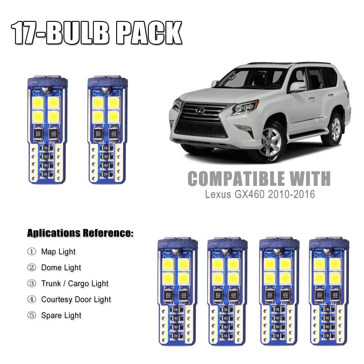 EBAIFUN 17-pc Ice Blue LED Interior Light Kit Compatible with Lexus GX460 2010 2011 2012 2013 2014 2015 2016 Reading Map Dome Sun visor Vanity Mirror Trunk Cargo Courtesy Door Bulb Replacement Package