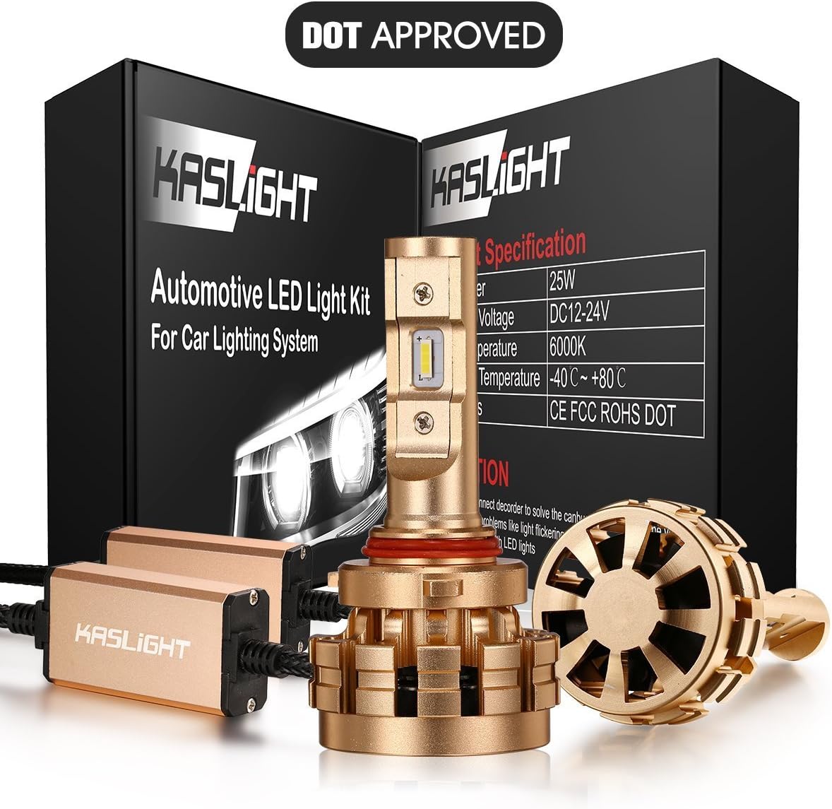 DOT Approved 9005 Led Headlight Bulb, 3 Year Warranty IP68 KASLIGHT HB3 Led Headlight Bulb 9005 Led Bulb Headlight Conversion Kit 6000K, Fireproof-1 Set