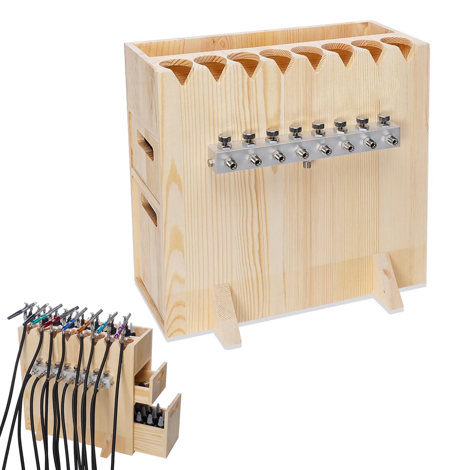 Soporte De Mesa De Madera para Aerógrafo, Divisor De Manguera De 8 Vías, con 2 Cajones, Capacidad para hasta 8 Aerógrafos De Alimentación Lateral/por Gravedad Y De Gatillo