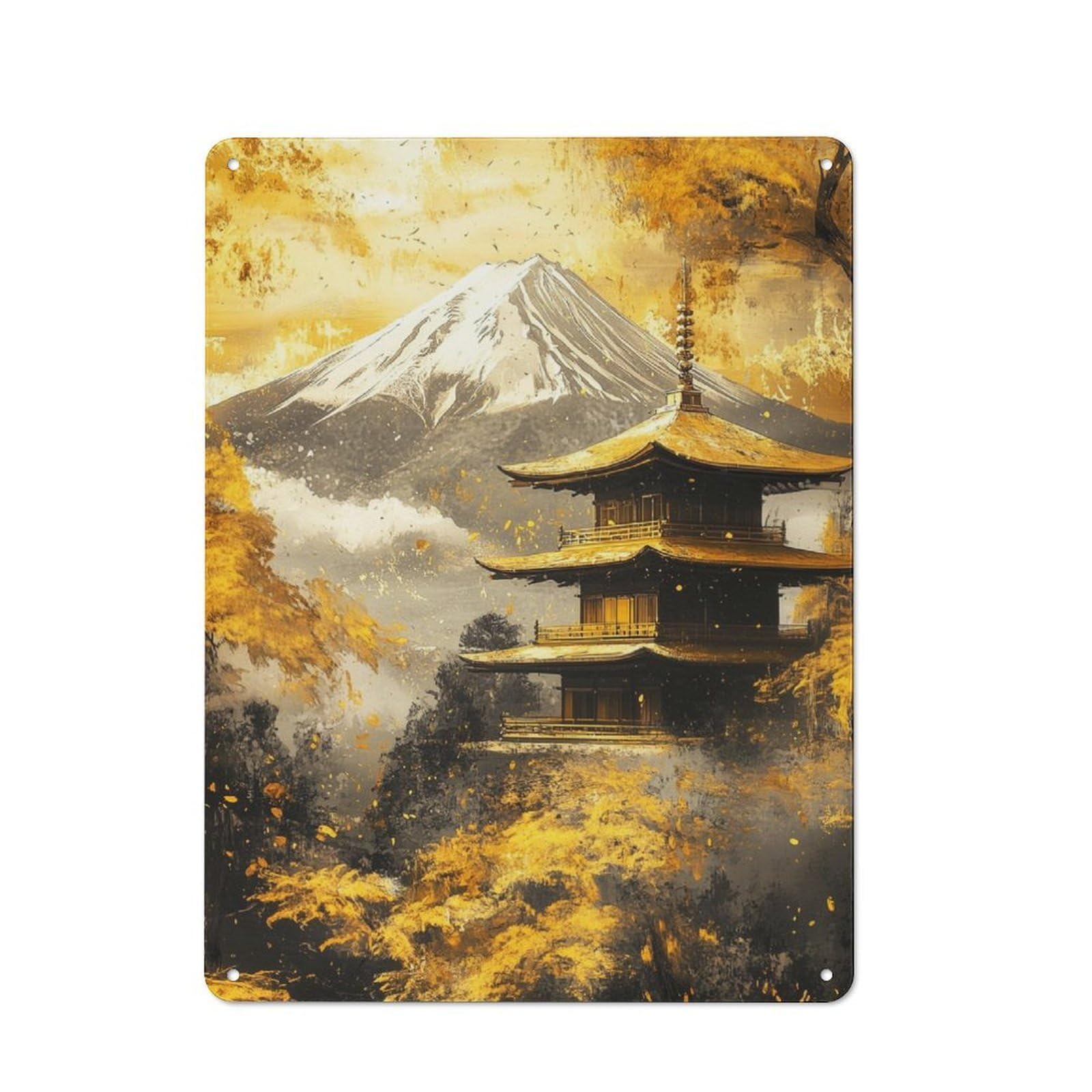 Junmoney Golden Mountain Fuji And Pagoda Metal Wall Sign 40X30cm Featuring For Workshop Wall, For Makers And Diy Enthusiasts