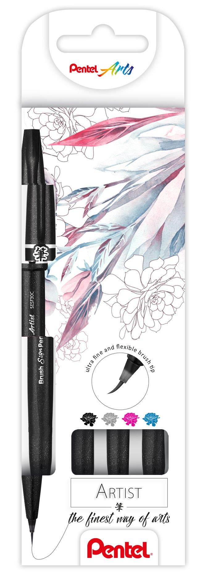 PentelSESF30C-4 Brush Sign Pen Artist Brush Pen with Extra Fine Brush Tip, Set of 4, Assorted, Black, Grey, Pink, Light Blue