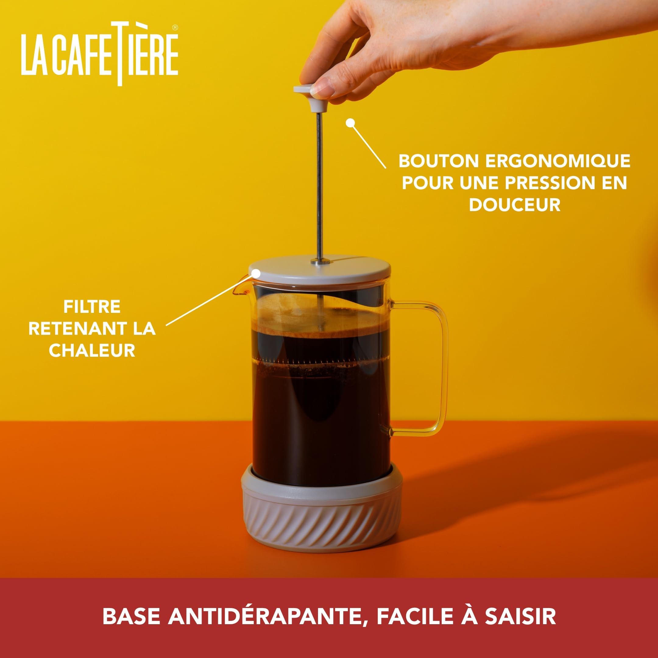 La Cafetiere Zero Cafetière à piston 8 tasses, couleur latte/crème, résistante à la chaleur, poignée en verre et base amovible en silicone, facile à nettoyer, idée cadeau pour amateurs de café