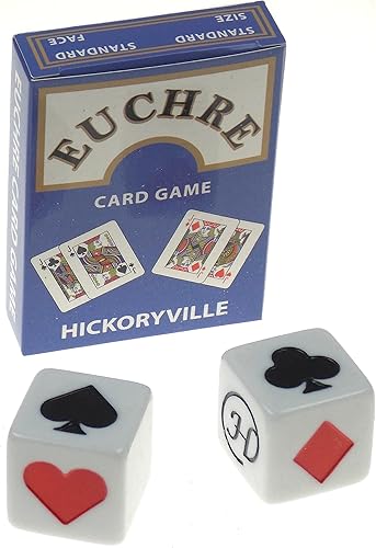 Hickoryville Euchre - Paquete de cartas de juego  2 mazos Euchre en 1 caja con 2 dados marcadores de traje blanco