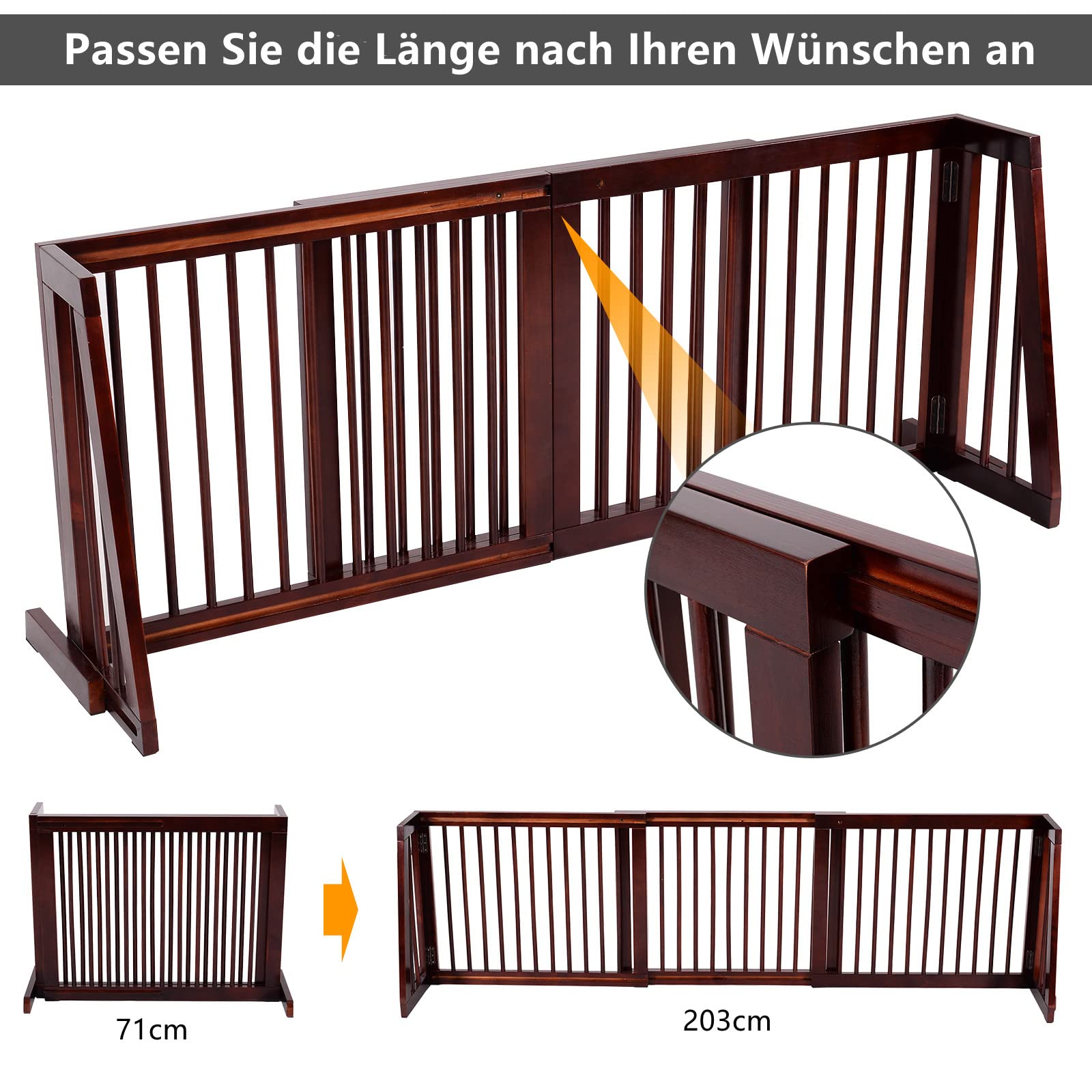 COSTWAY Absperrgitter Hunde, Schutzgitter Holz, Türschutzgitter Hundegitter, Freistehender Treppengitter, Hundeabsperrgitter, 71-203cm verstellbar, Braun
