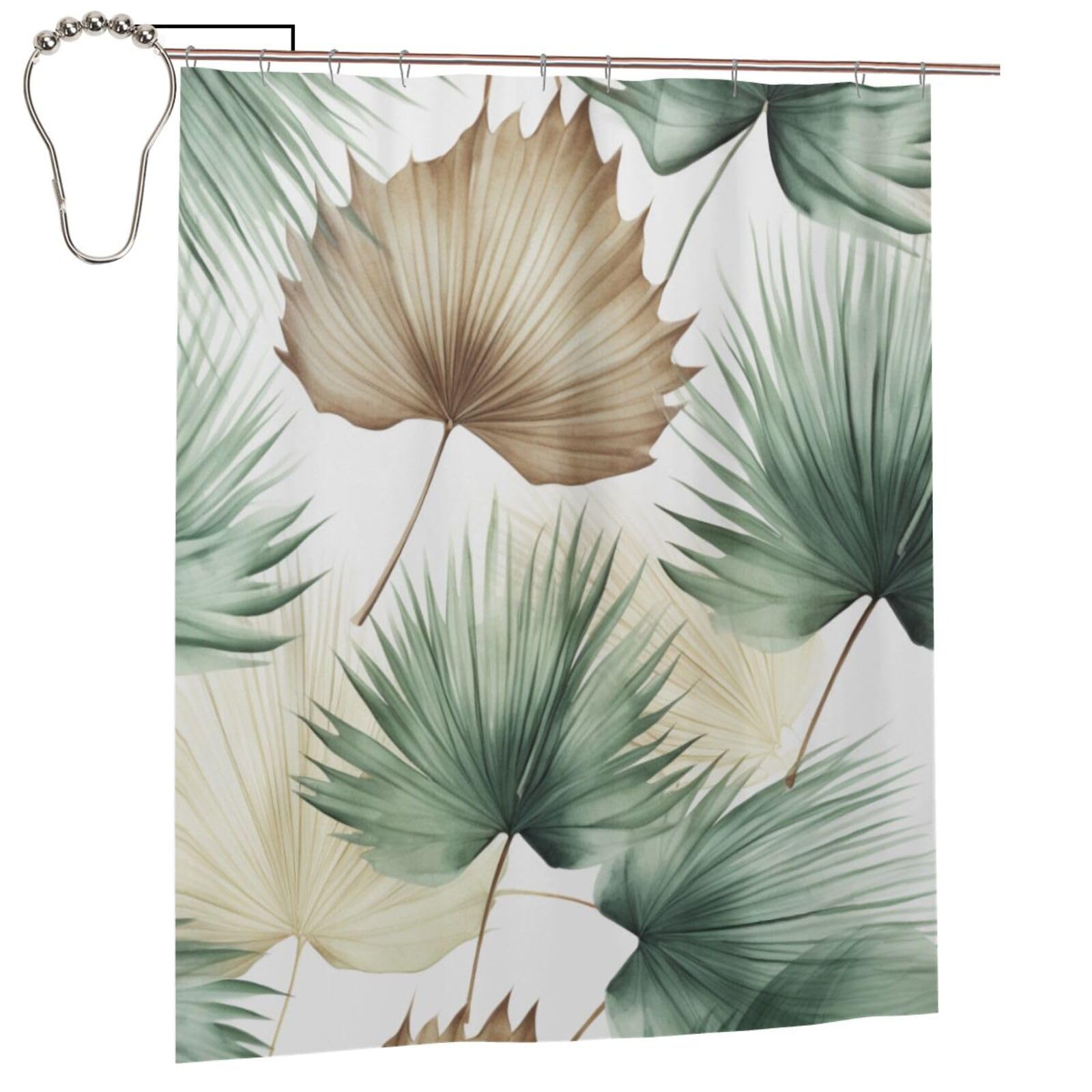 BWWHCCTI palm leaves Printed Shower Curtain With 12 Iron Hooks Opaque Quick Drying Waterproof Shower Curtains Sets For Bathroom 152x183 Cm