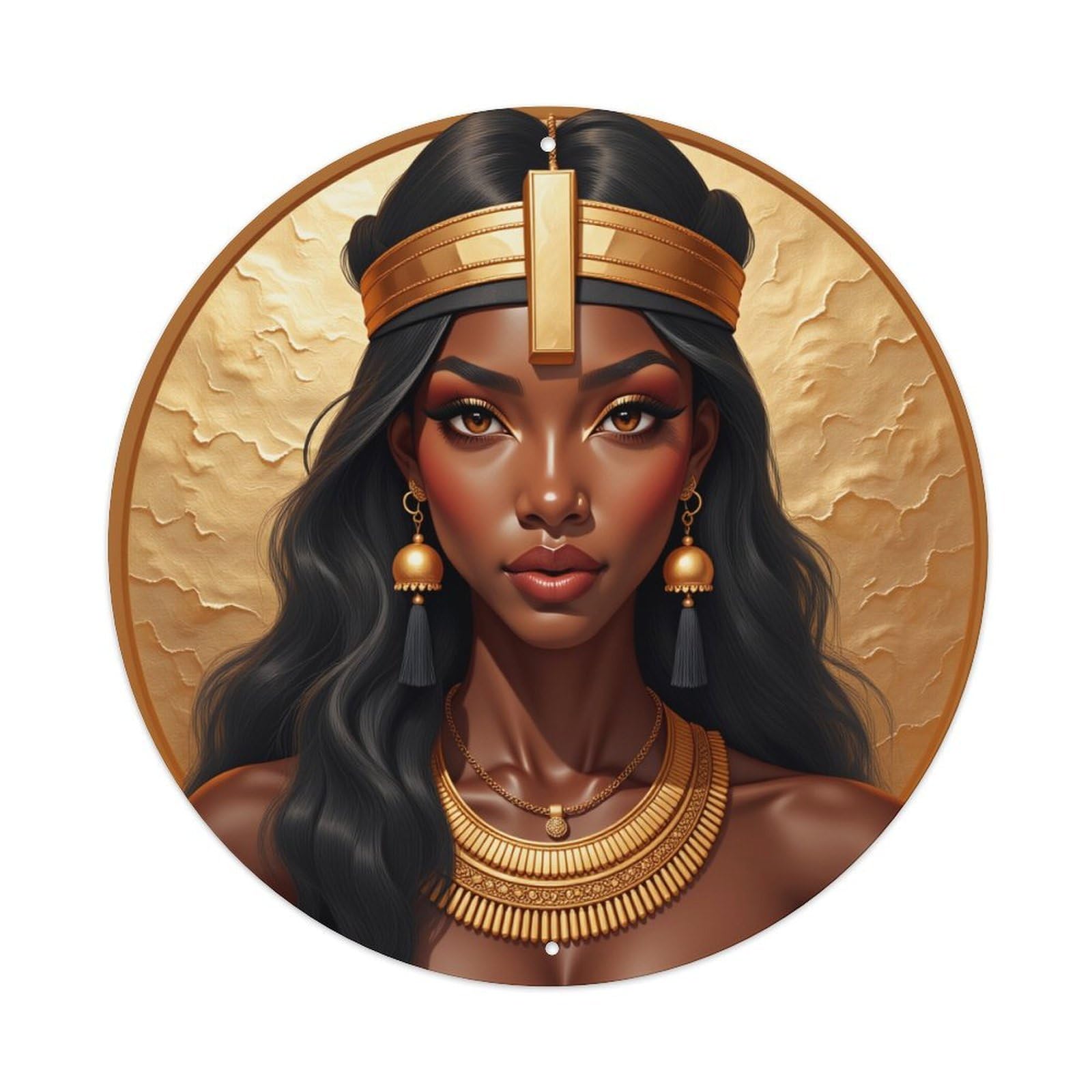Golden Egyptian Queen Portrait Round Tin Sign Vintage Metal Poster, Home Bar Garage Man Cave Cafe Indoor & Outdoor Wall Decoration 8x8Inches