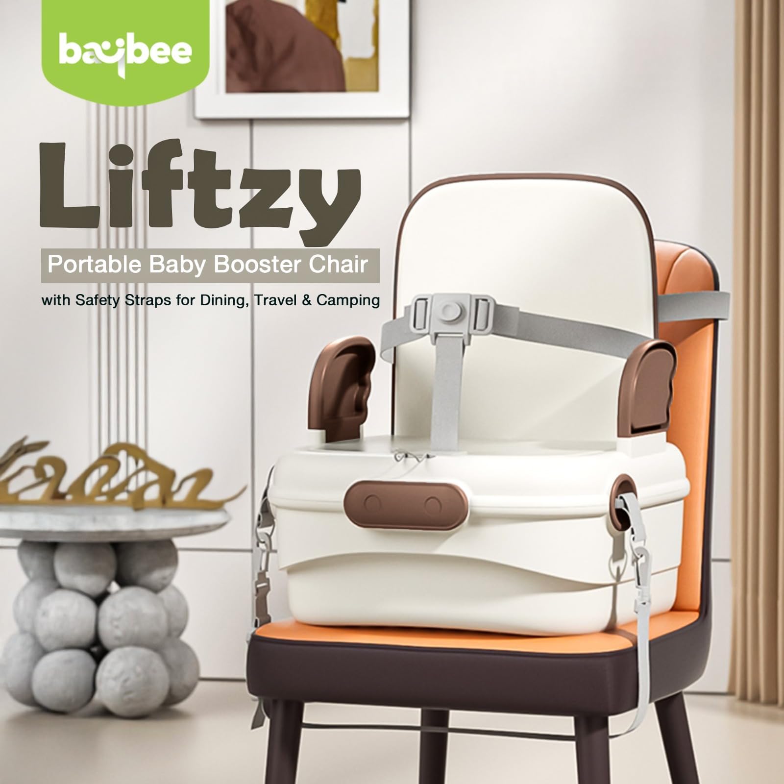 Baybee Booster Chair for Kids | Travel-Friendly Baby Sitting Chairs with Safety Straps, Foldable Design, Storage Space & Anti-Slip Base | Ideal for Dining & Camping (Brown)