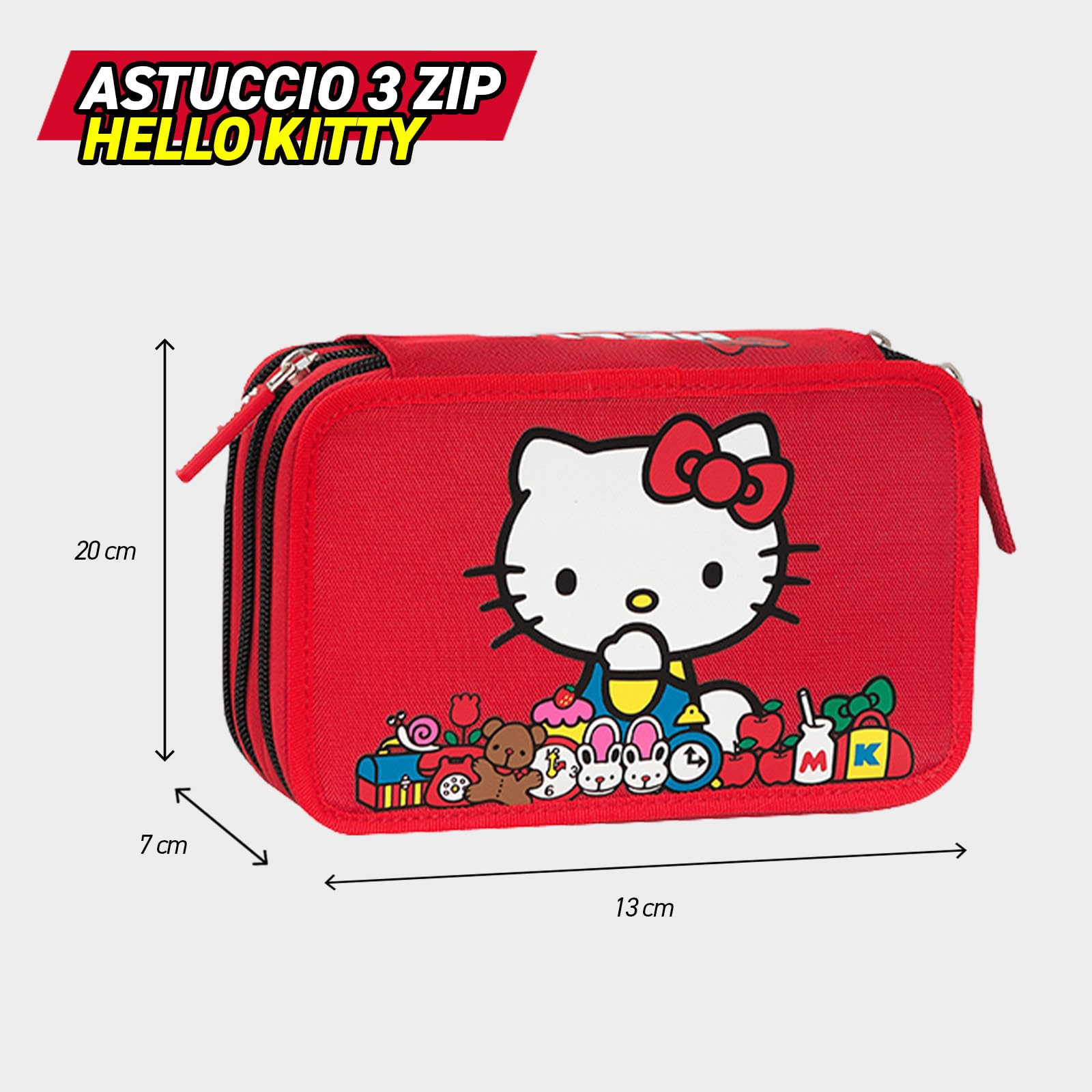 HELLO KITTY - Astuccio Scuola Ufficiale Hello Kitty, Astuccio 3 Scomparti Bambino e Bambina con Set Cancelleria, Penna Cancellabile Blu e Pratica Chiusura a Zip, 20x13Hx7 cm