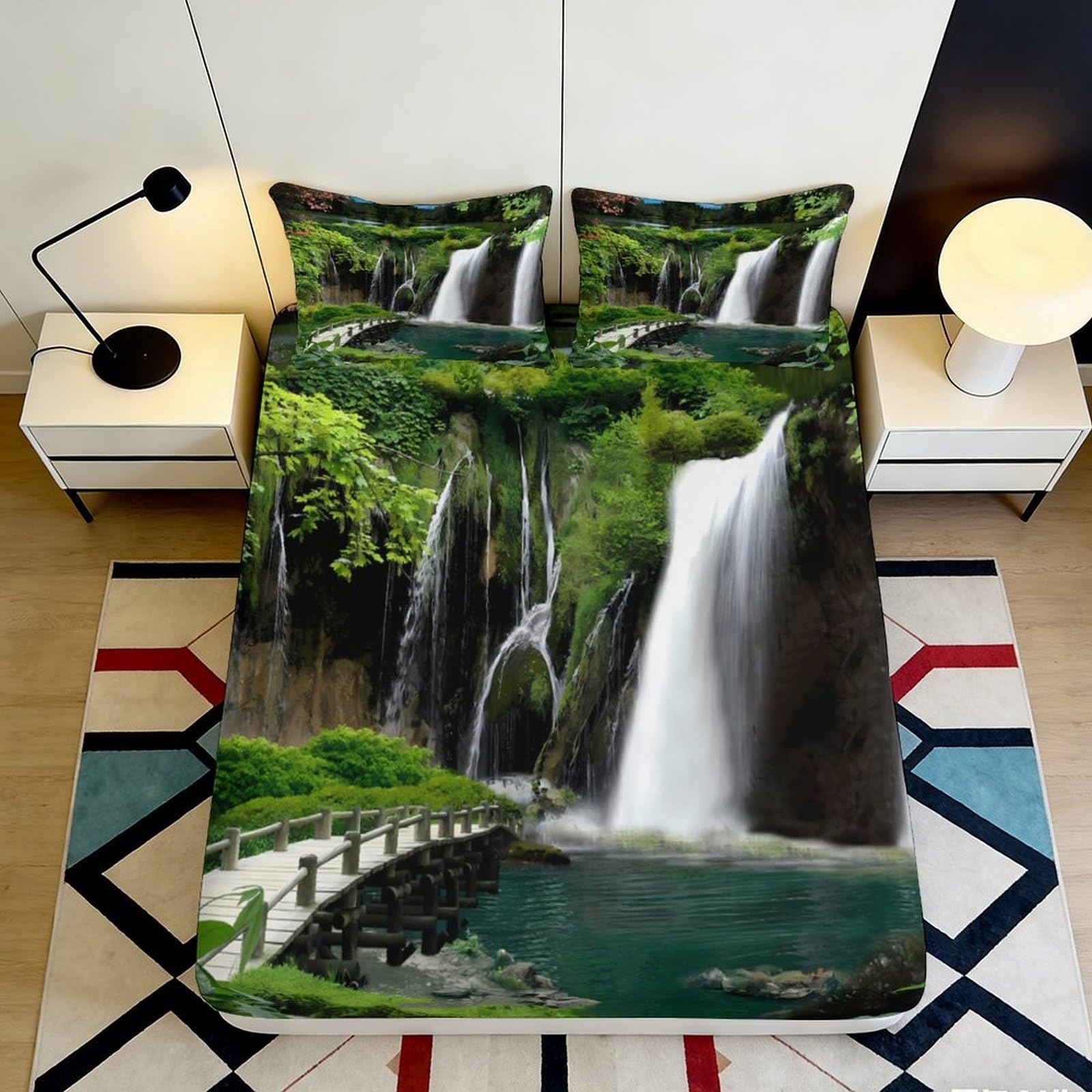 3D Printed Waterfall Fitted Sheet Microfiber Soft Breathable Forest Landscape Bed Cover for Bedroom Dormitory Guest Room Mattress Protection Decor 140x200x25cm