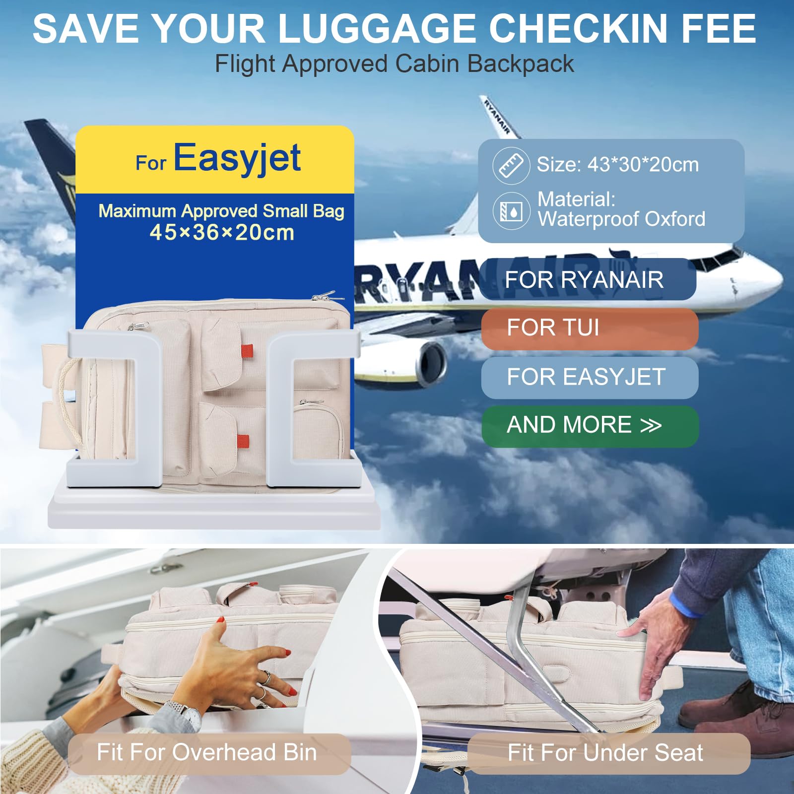 SZLX Zaino Ryanair 40x20x25 e 45x36x20 - Bagaglio a Mano Donna e Uomo, Borsa da Cabina Impermeabile per Laptop 14 Pollici, Zaino da Viaggio