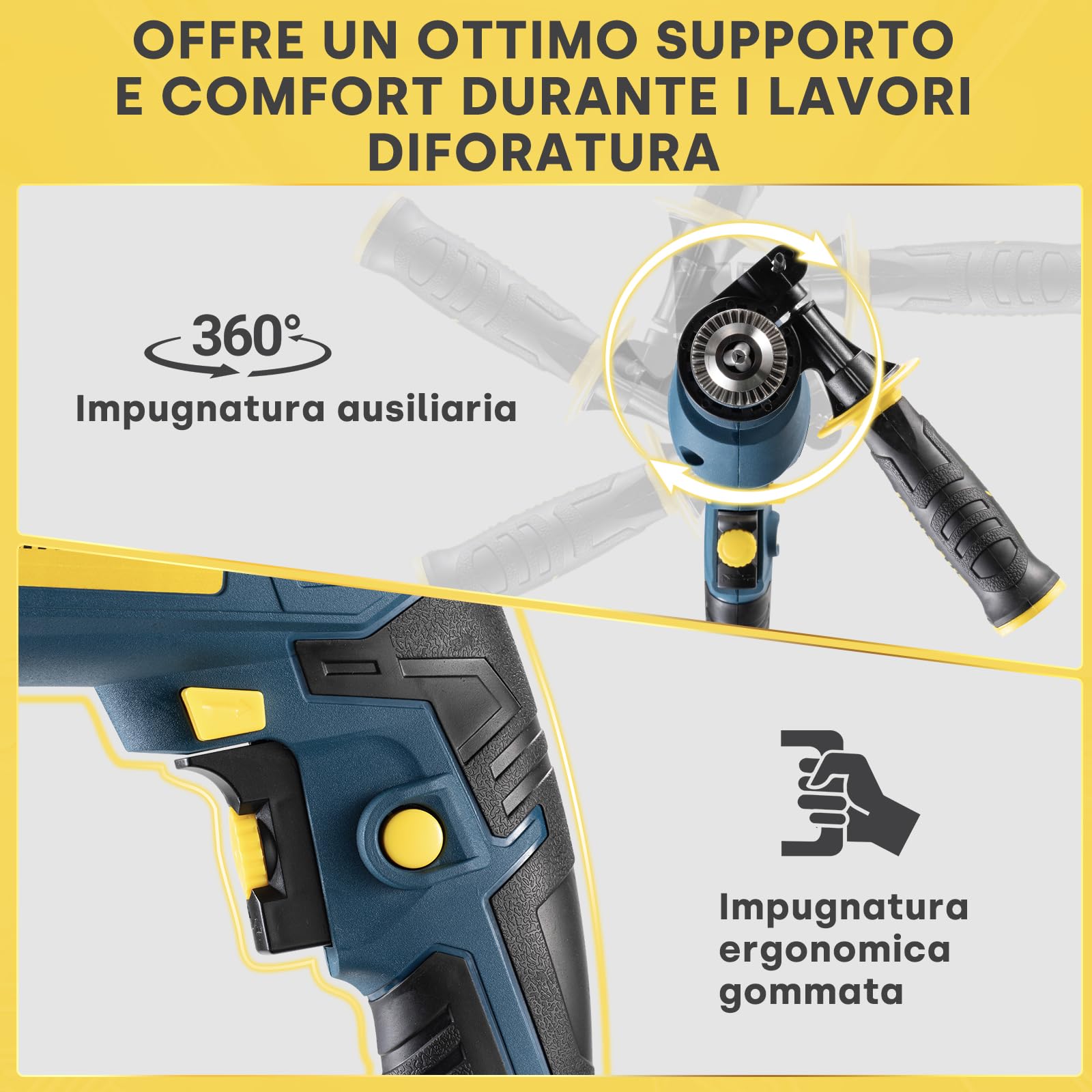Enventor Trapano a Percussione 750W, Impugnatura Ausiliaria a 360° | Funzione 2 in 1, 0-3100RPM, Mandrino da 13MM, Trapano Elettrico a Filo per Calcestruzzo, Metallo e Legno