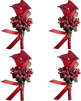 Calla Lily Boutonniere for Men Wedding Groom and Best Man Boutonniere for Bridal Bridesmaid Wedding Flower for Prom Party Bouquets Decor Red,4