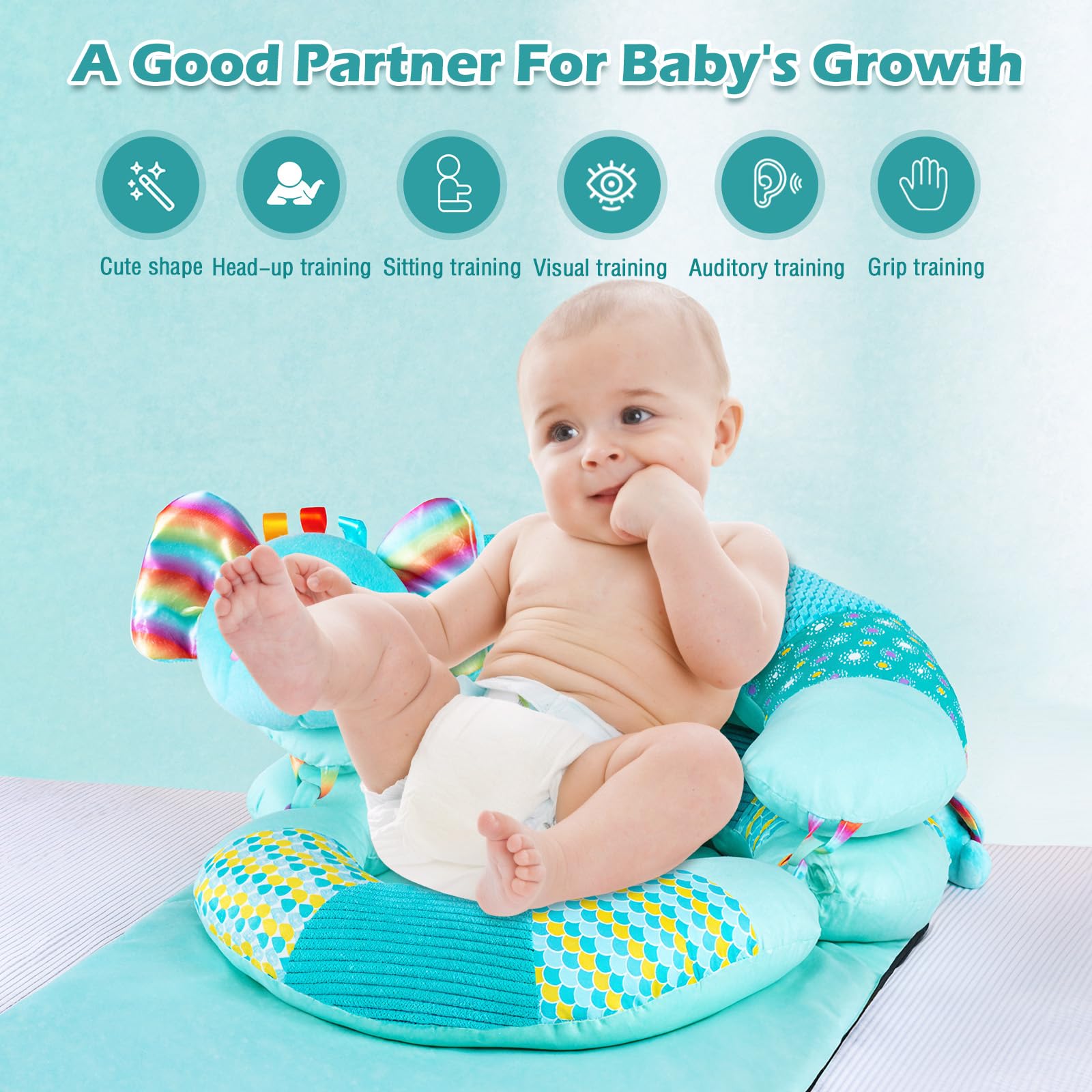 Weinsamkeit Baby Spielzeug 3 6 9 12 Monate, Tummy Time Toys, 3 in 1 Abnehmbares Elefant Spielkissen, Bauchlage Helfen Sitzen Stützen Babyspielzeug 0-12 Monate mit Rassel, Spiegel, Beißring