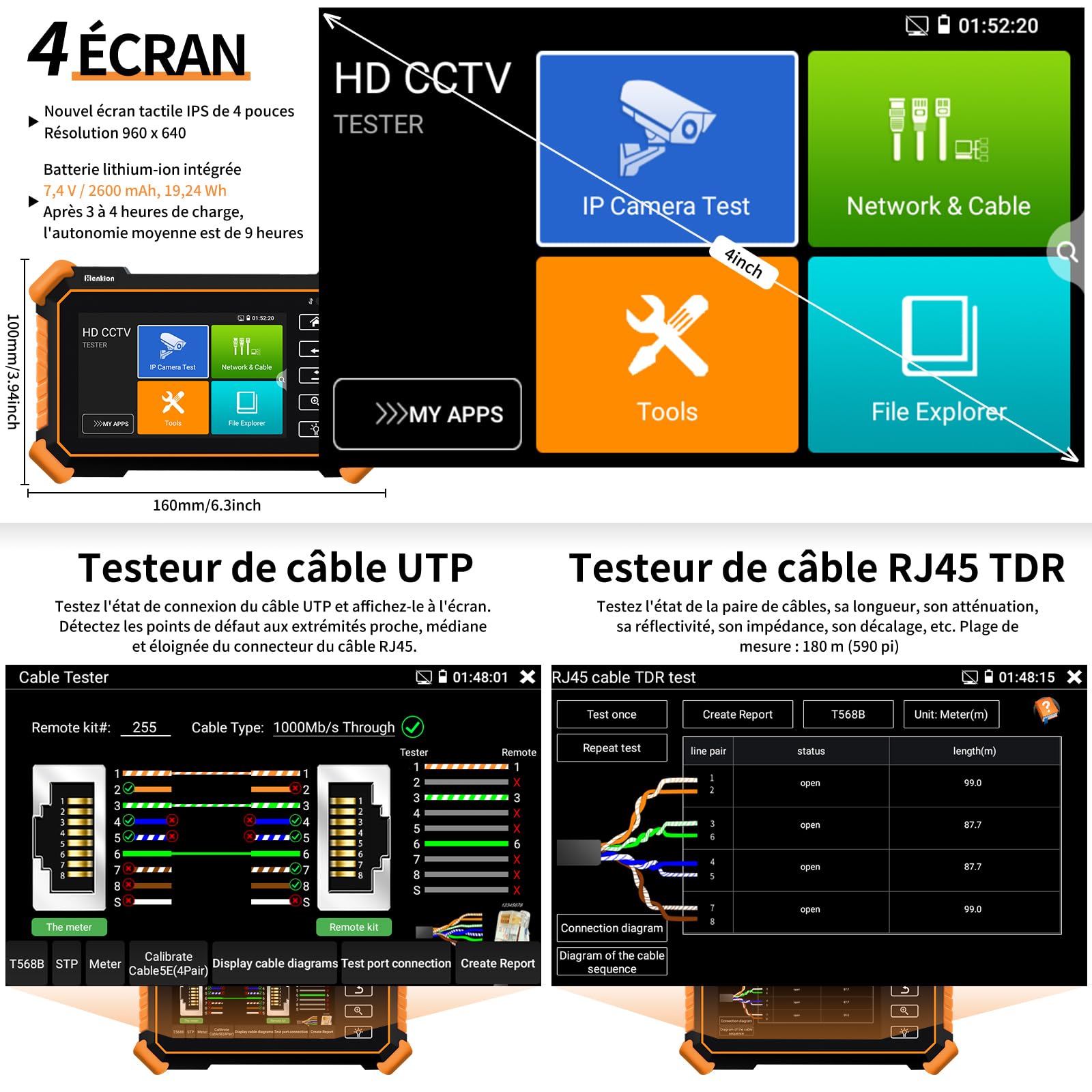 Henkion Testeur de Vidéosurveillance CCTV IP IPC-1900C Plus 4K 8MP 8K 32MP Test de Caméra IP Moniteur Écran Tactile 4 Pouces Tester CCTV Support POE WiFi Sortie DC12V/3A avec Traceur de Câble