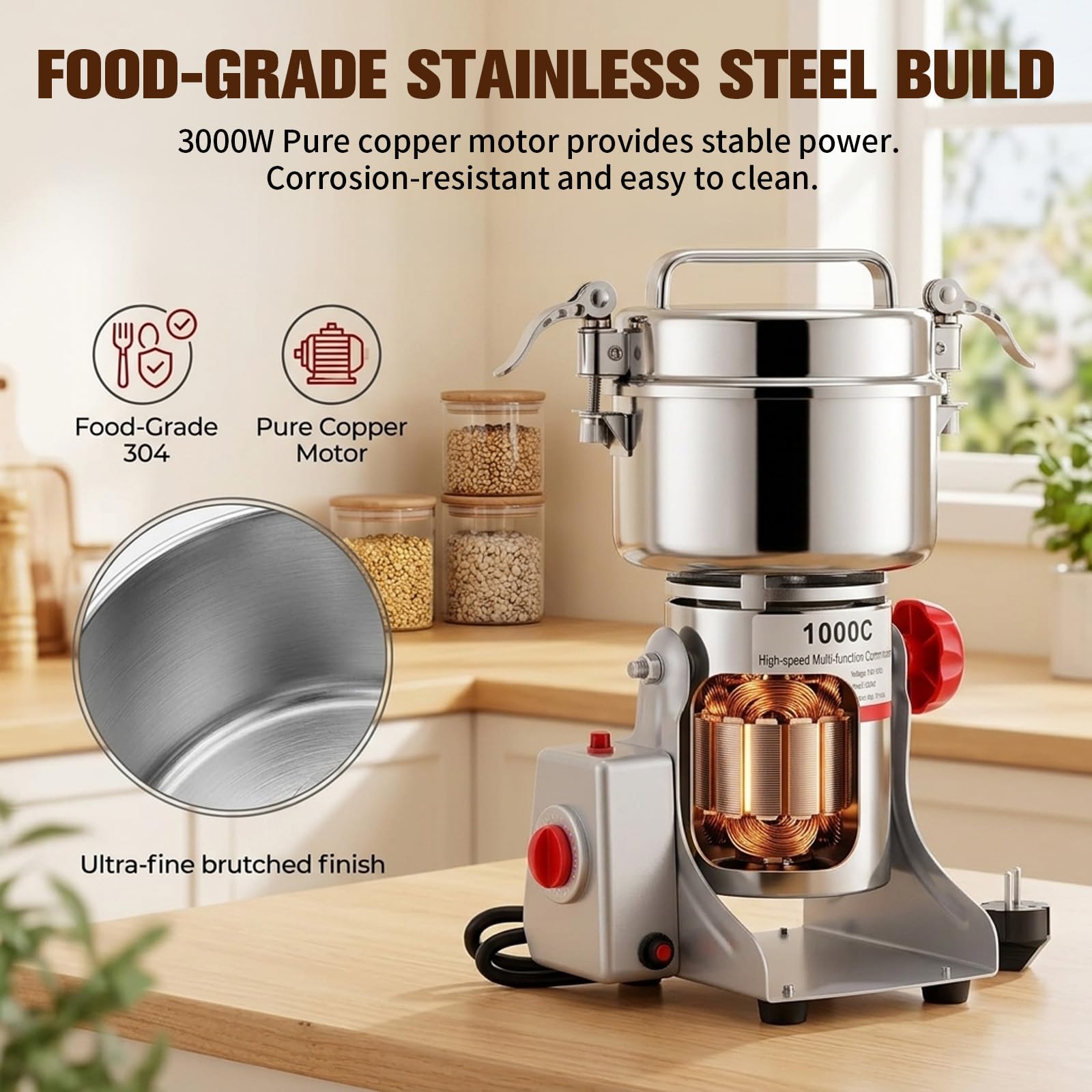 Tragbare Getreidemühle 220 V, 1000g Elektrische Getreidemühle, Superfein Edelstahl Mühle, Hochgeschwindigkeits-Gewürzmühle mit 3000 W, für Trockene Körner, Gewürze, Müsli, Kaffee, Kräuter, Pfeffer