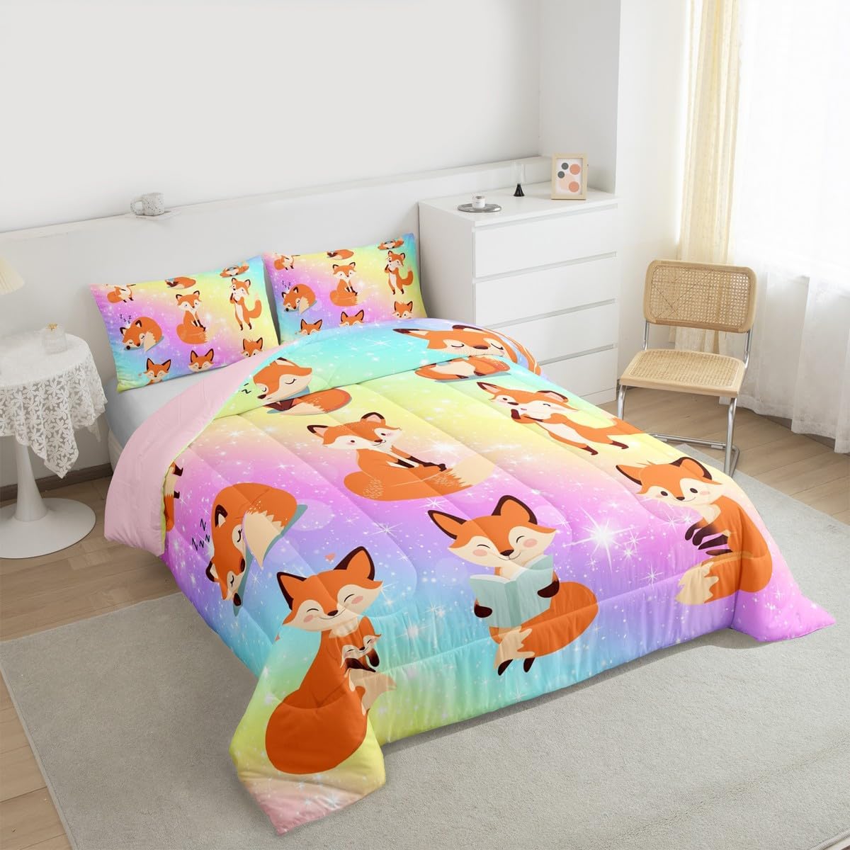 Erosebridal Cute Fox Comforter Set Full Woodland Animal Bedding Set for Kids Toddler, Rainbow Galaxy Bedding Comforters & Sets Psychedelic Stars Duvet Set, Jungle Wildlife Quilt Set 2pcs 1 Pillow Sham