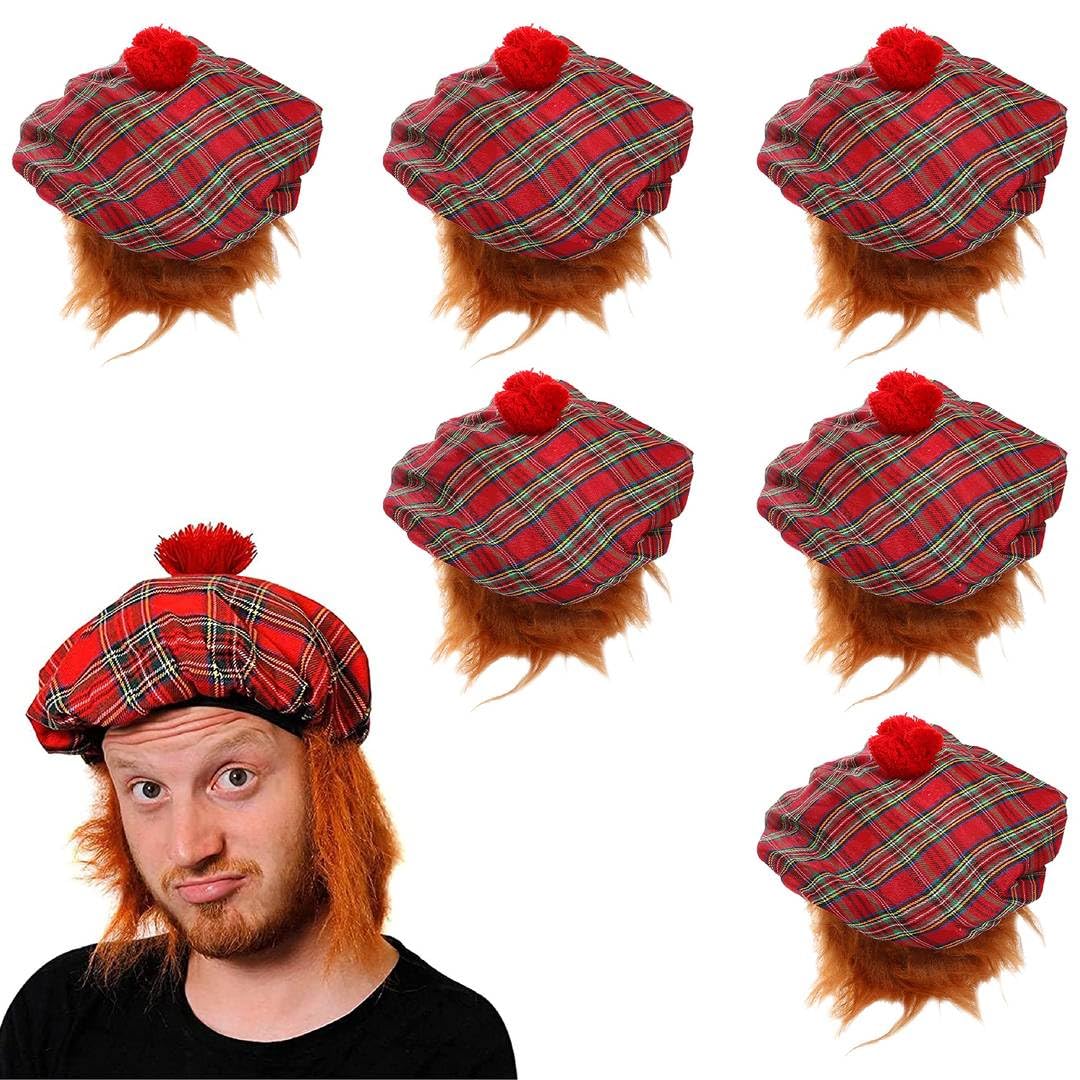 Adults Tam O' Shanter Hat - Pack of 6 - Red Adults Tartan Scottish Hat with Attached Ginger Hair - Scotland St Andrews Day Burns Night Fancy Dress Costume Accessory — image 1
