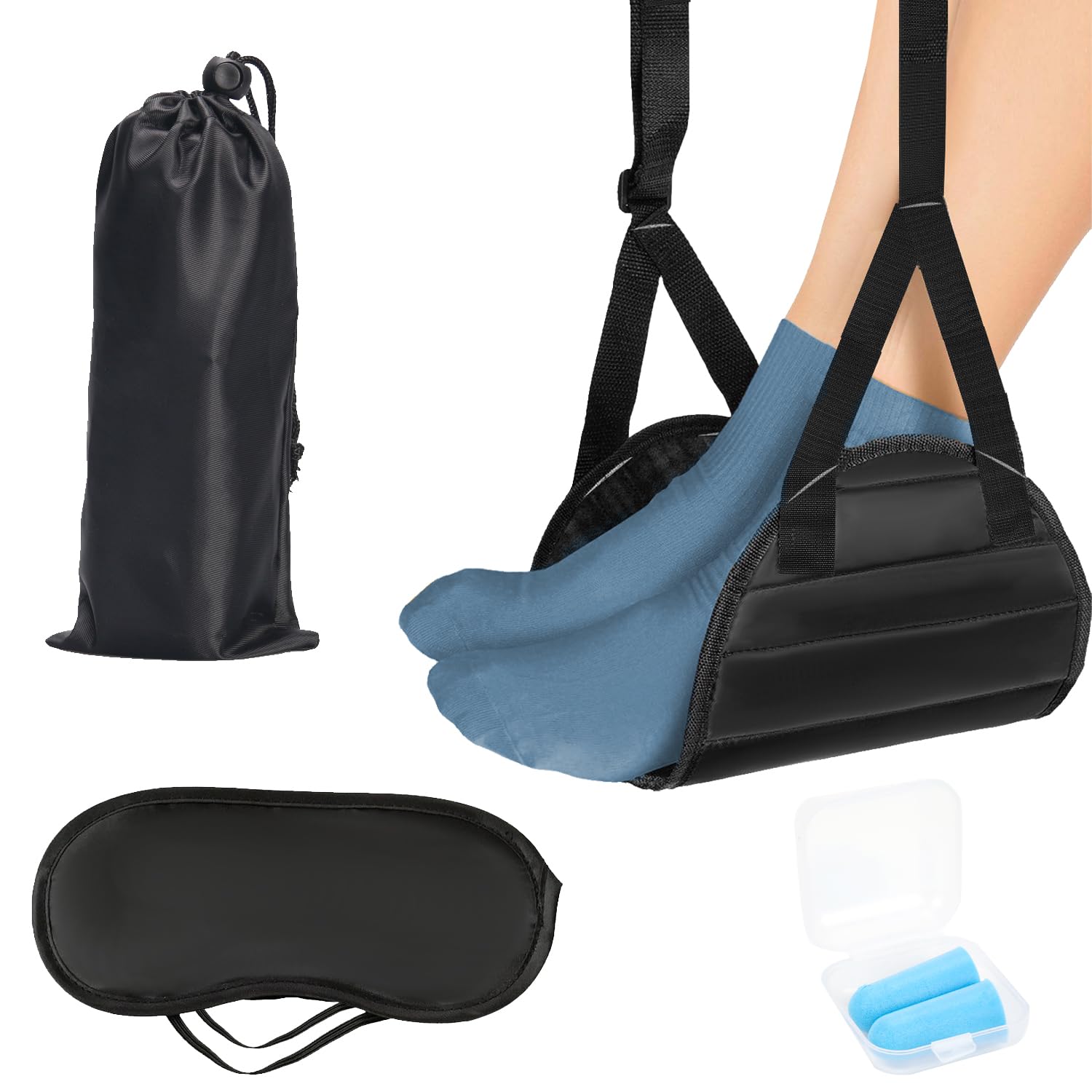 zxbaers Airplane Foot Rest, Portable Airplane Foot Hammock with Memory Foam, Adjustable Height Leg Support for Travel Office Long Flight Essentials