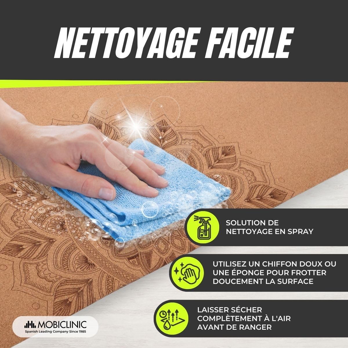 Mobiclinic®, Tapis de yoga liège naturel, Antidérapant, Sac transport, Antimicrobien, 4mm d'épaisseur, 100% TPE recyclable, 183x61cm, Mandala design, Ey-02, Pilates, Fitness