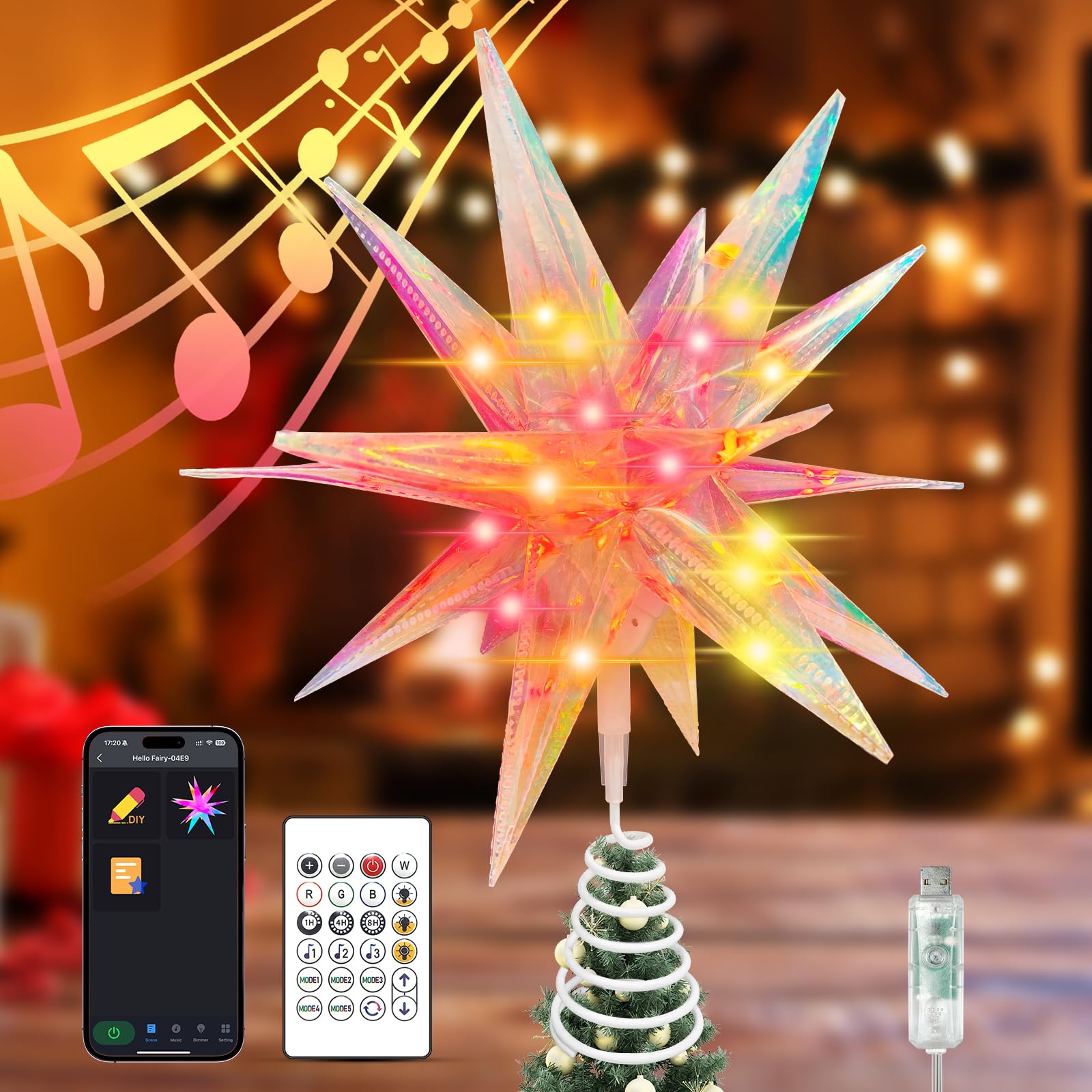 Estrella de Navidad 3D de 11.8'' con control remoto y luces led sincronizadas con música