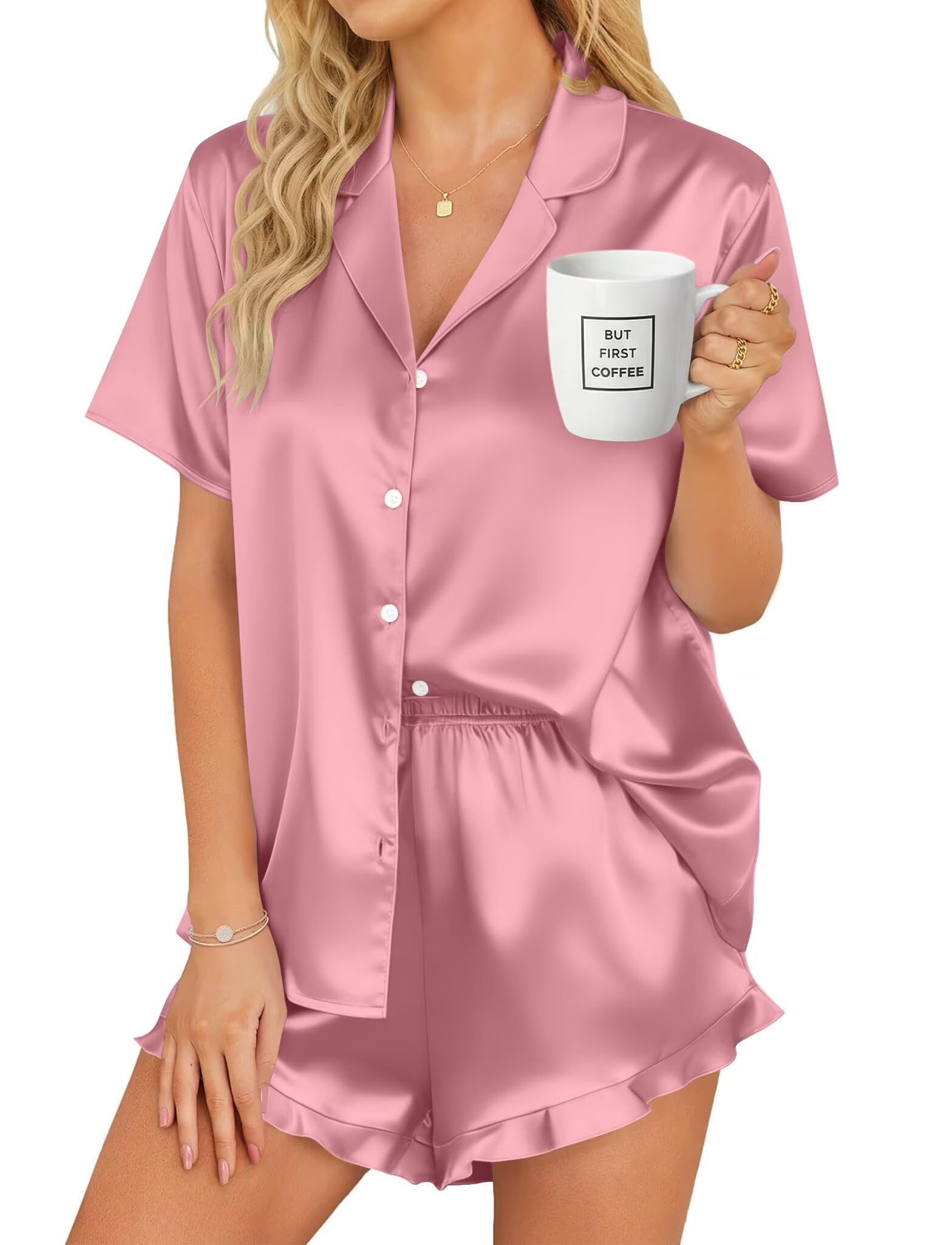 SWOMOG Women's Silk Satin Pajamas Set Short Sleeve Button Down Sleepwear Ruffle Hem Shorts PJ Sets Two-Piece Loungewear