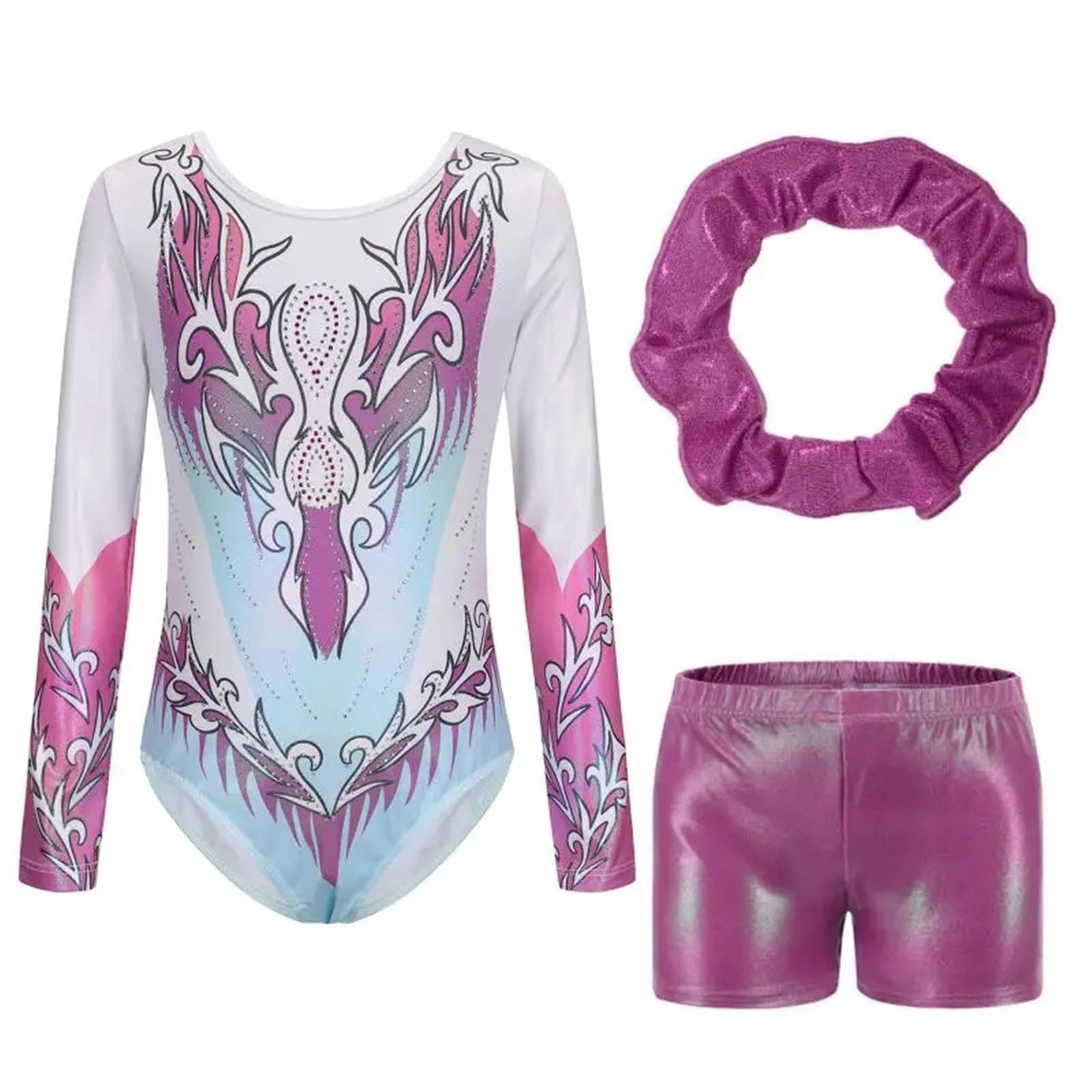 Turnanzug Mädchen Kurzarm Ballettanzug-Set, langärmelig, glitzernder Tumbling-Bodysuit mit Shorts, Stirnband-Set, Performance-Kostüm for Mädchen(Color1,7-8Y)
