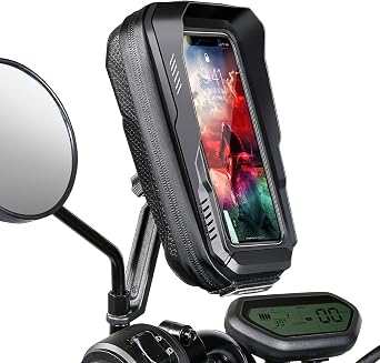 BKNOOU Motorcycle Phone Holder Waterproof Motorcycle Cell Phone Mount 360Rotation Anti-Shake Upgrade Sun Visor Rain Cover Rearview Mirror Phone Holder Motorbike for Smartphone 4.5" to 6.9"