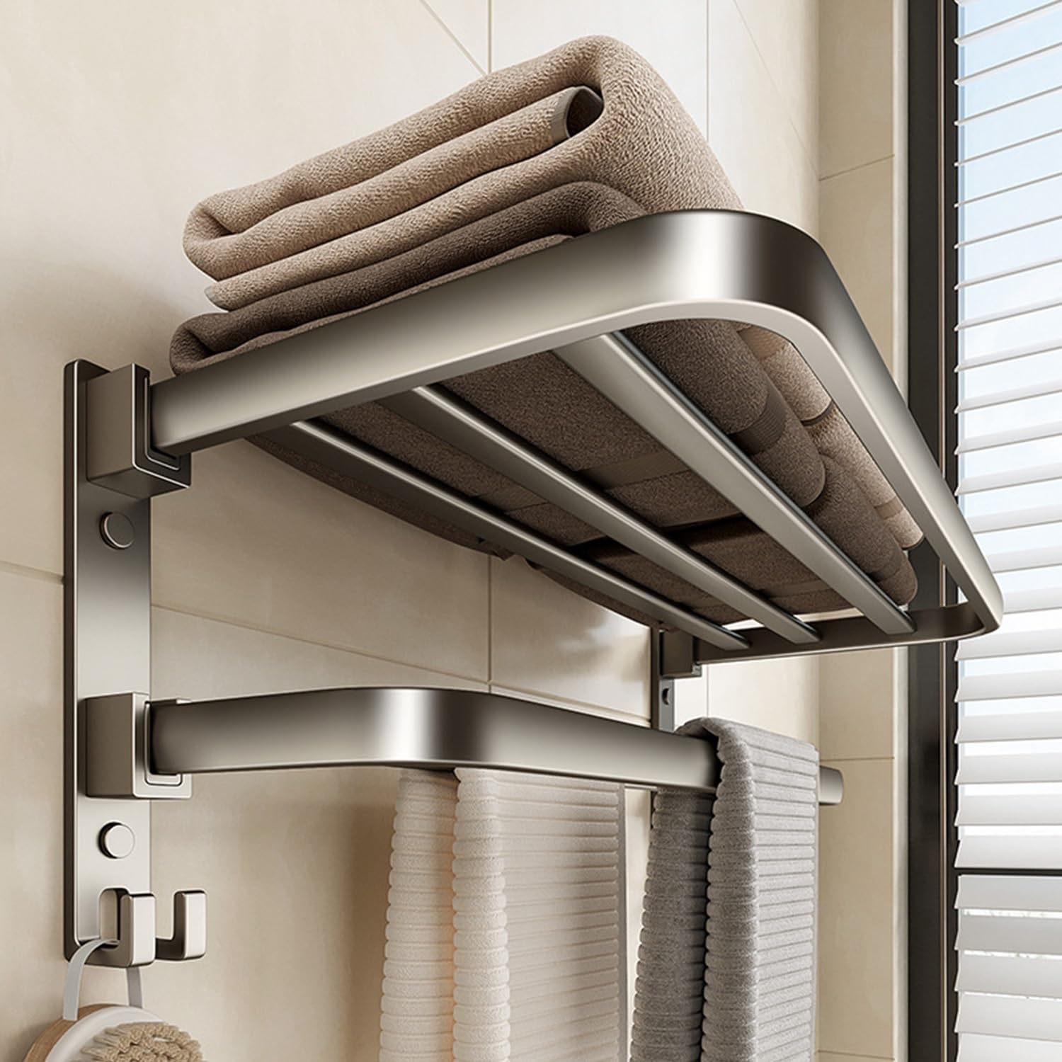 LMYSXAOZ Towel Racks For Bathroom With Bar, Foldable Bath Holder Hanger, Aluminum Alloy Shelf Organizer Wall Mounted Lavatory Storage Washroom Toilet(60CM/23.6IN)