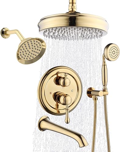 Vista 23 de Enga Juego de grifo de ducha de latón con boquilla de bañera, cabezal de ducha de lluvia de 8 pulgadas, combo de rociador de mano, desviador de 3