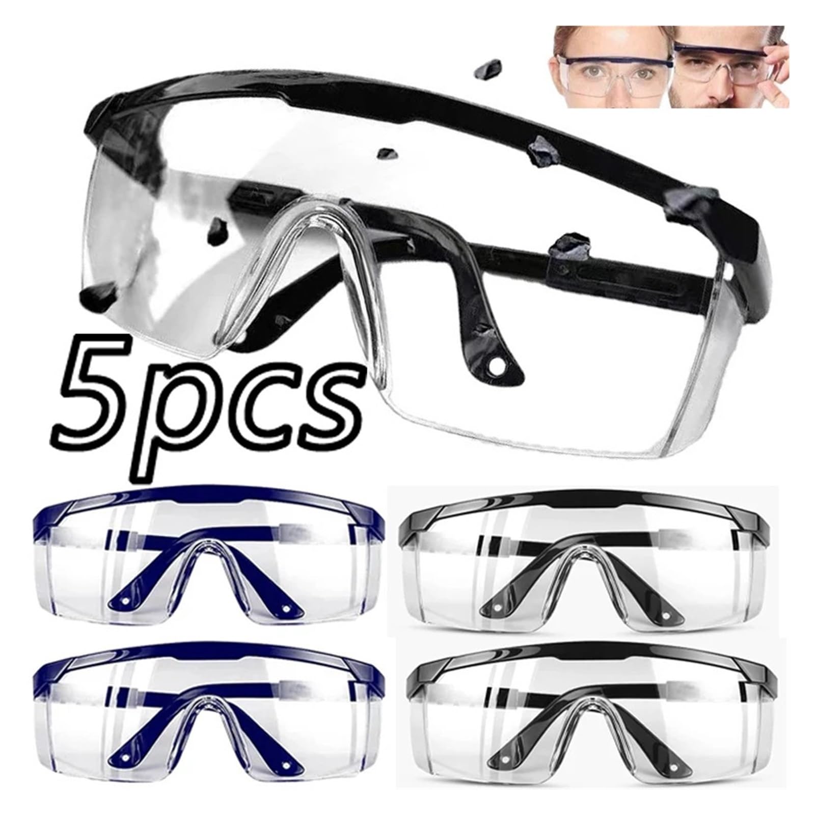 Gafas de seguridad, 5 gafas de seguridad for el trabajo, antisalpicaduras, resistentes al viento y polvo, con montura for ciclismo(Black)