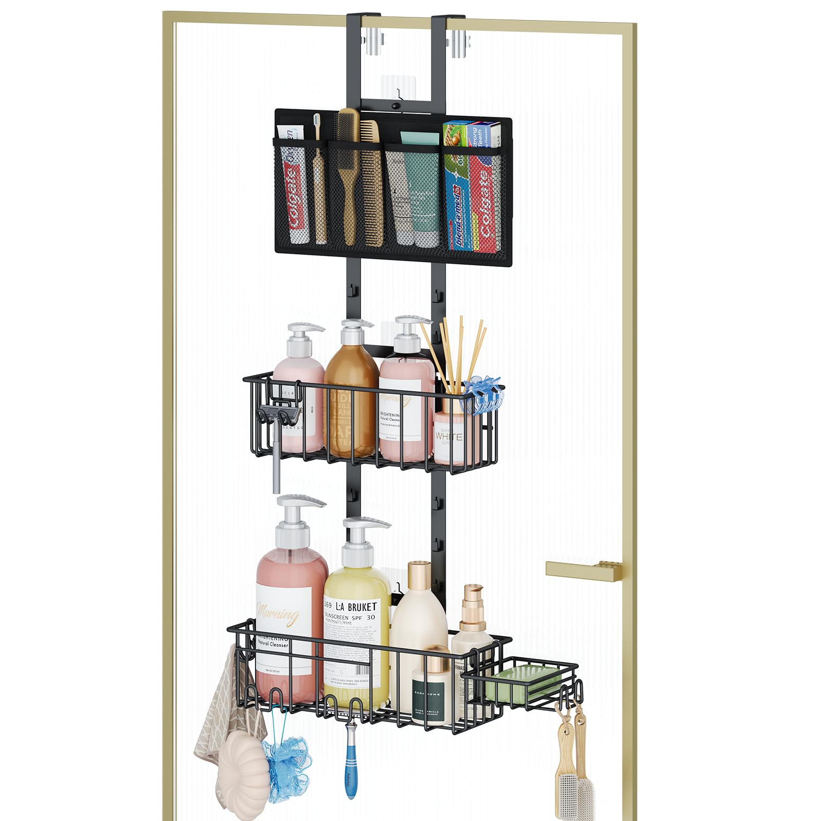 Simple Serenity 3-Tier Over The Door Shower Caddy No Drilling Hanging Shower Caddy with Quick-Drying Mesh Bag Rustproof