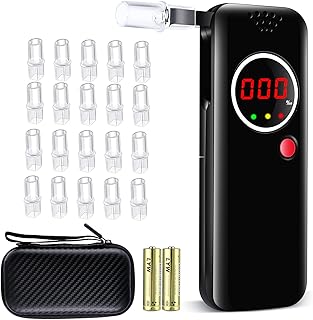 Aranknew Alcoholimetro, Portátil Probador de Alcohol Digital Homologado con 20 Boquillas y 2 Baterías AAA, LCD Digital y Resultados Rápidos