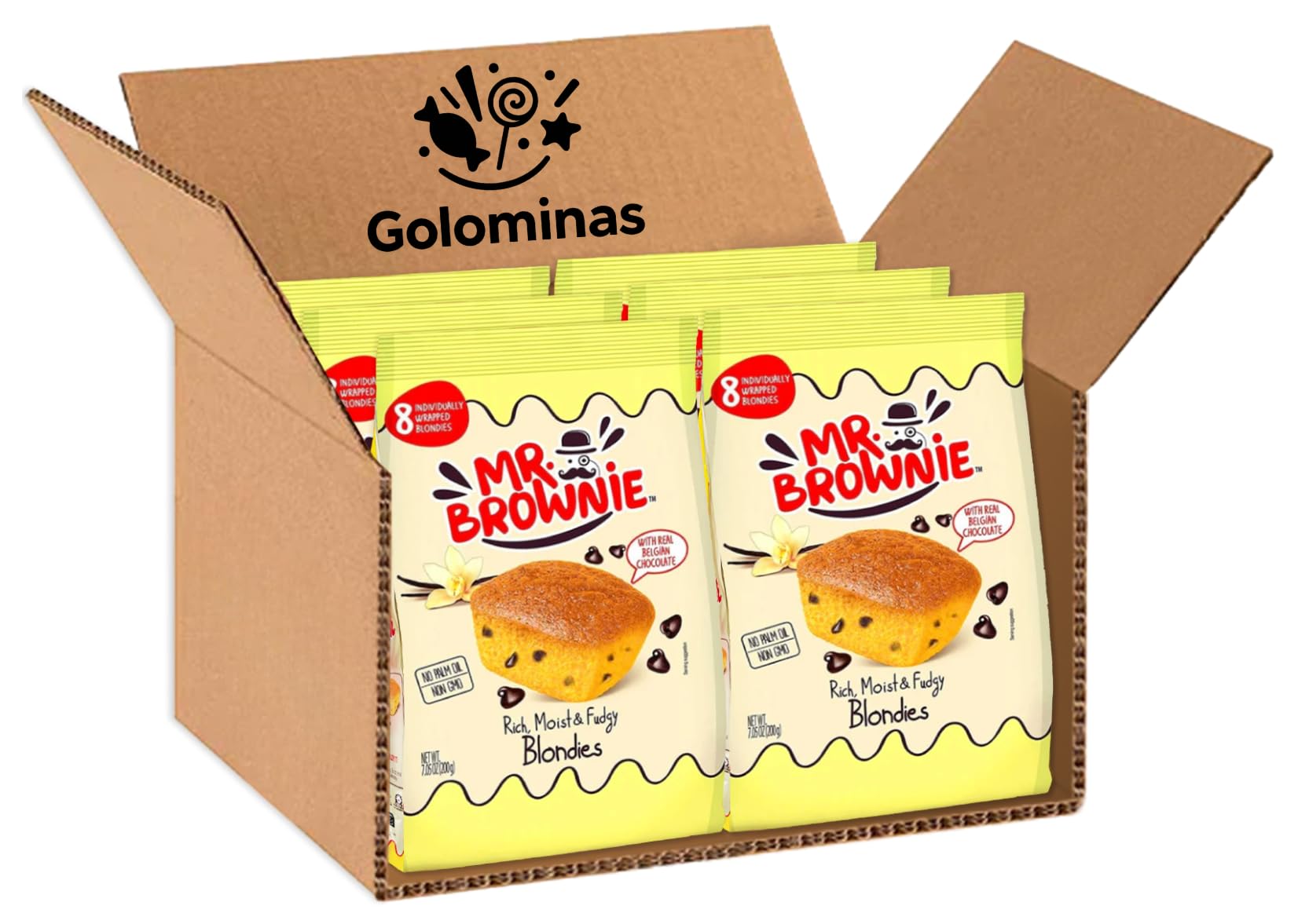 Mr. Brownie Blondies con Chocolate Belga – Pack de 12 (8 Blondies por Paquete) – Bizcochitos Suaves y Jugosos con Trozos de Chocolate – Snack Dulce Sin Frutos Secos, Ideal para Meriendas y Compartir
