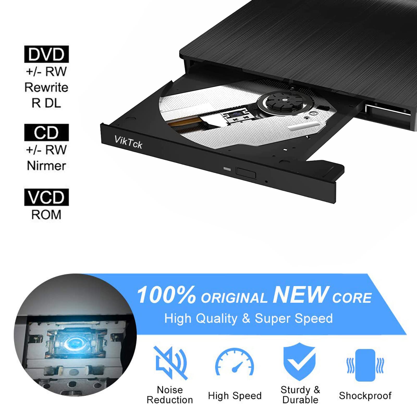 USB 3.0 przenośny zewnętrzny gniazdo CD/DVD-RW nagrywarka z wbudowanym kablem USB do MacBooka / laptopa / komputera stacjonarnego (czarny)