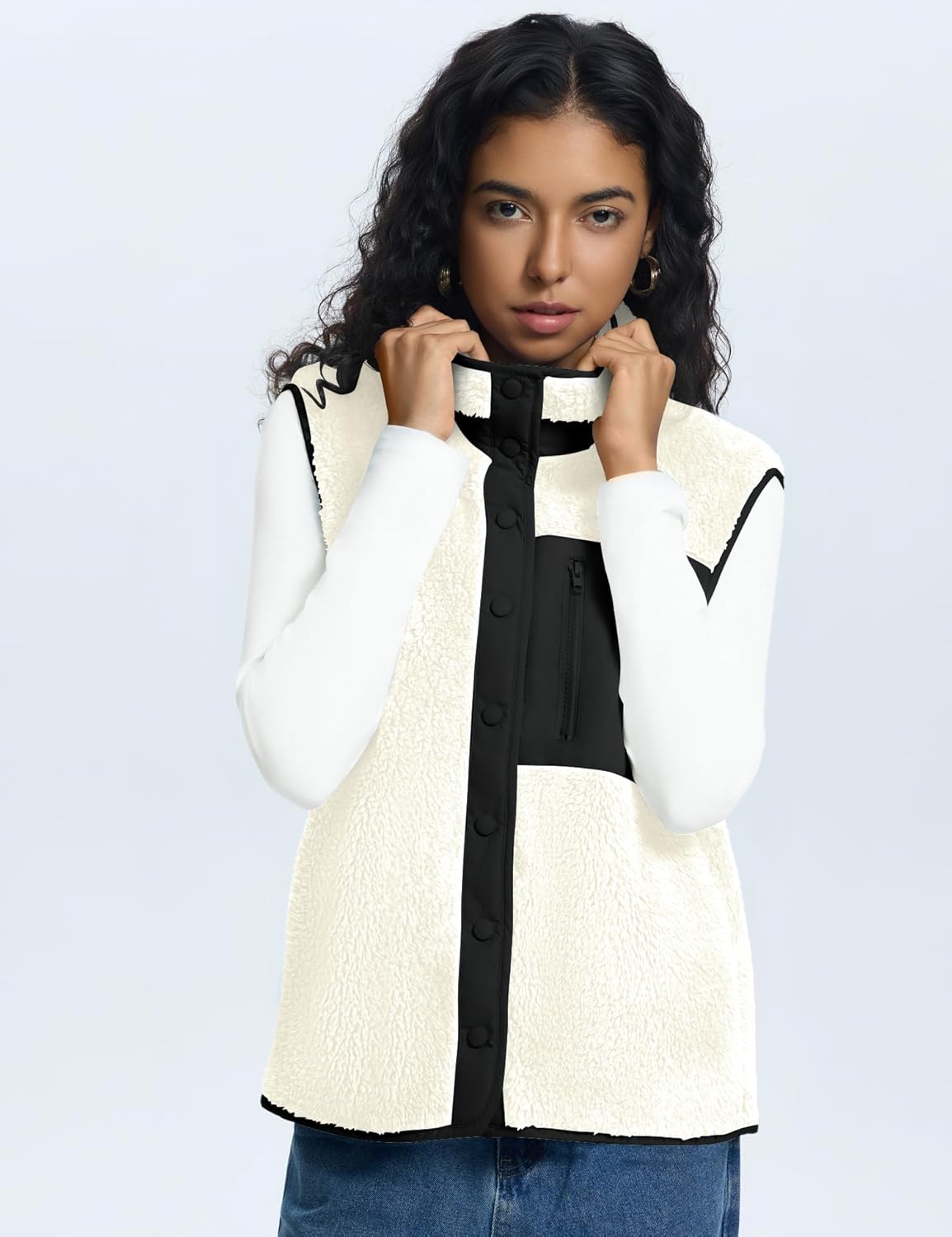 Rapbin Vests for Women Lightweight Stand Collar Sherpa Fuzzy Fleece Vest Buttoned Sleeveless Jackets with 3 Pockets - Image 2