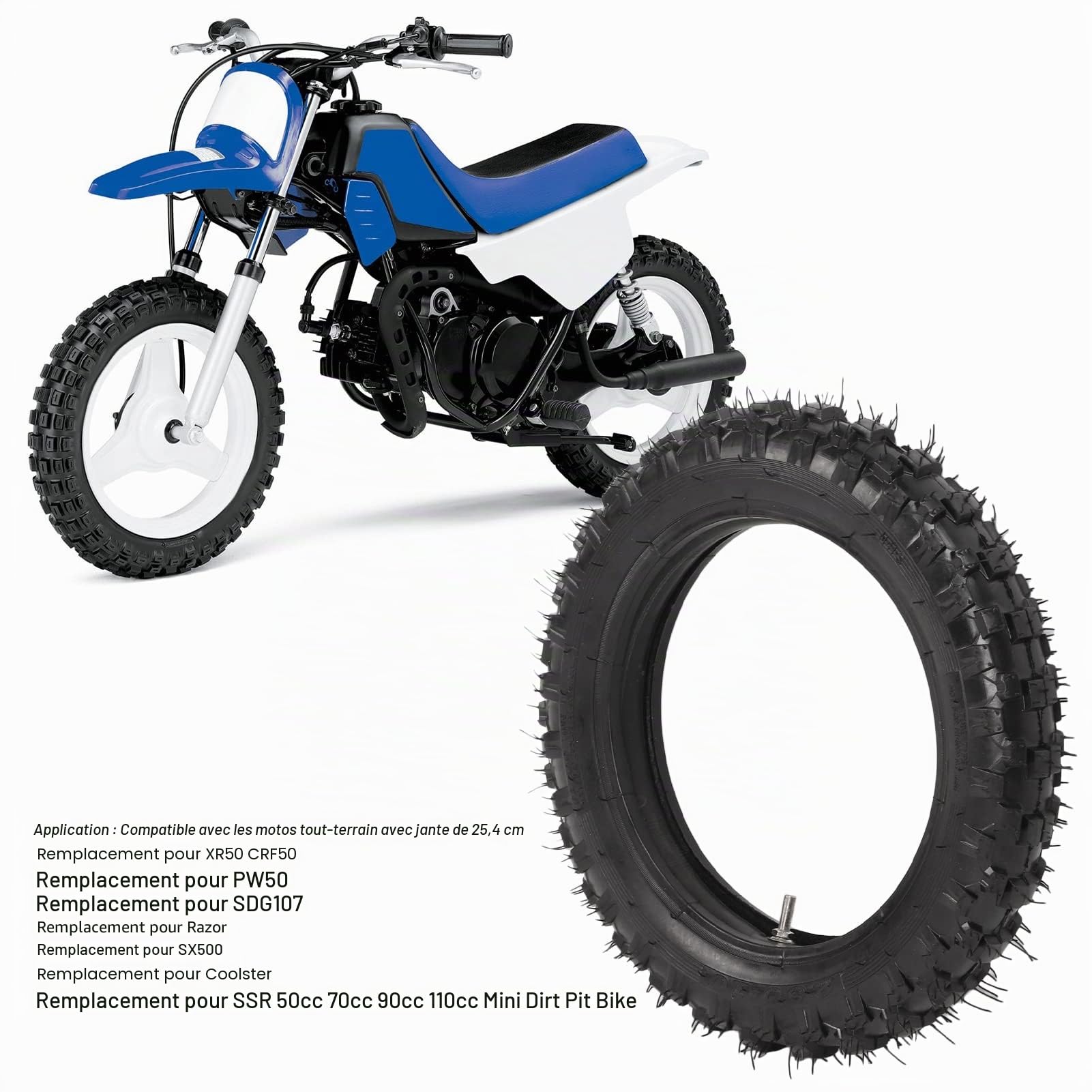 Pneu Tout-Terrain 2,5-10" et Chambre à Air avec Jante 10" pour Mini Dirt Pit Bike 50 70 90 - 2,5/2,75-10 Dirt Bike