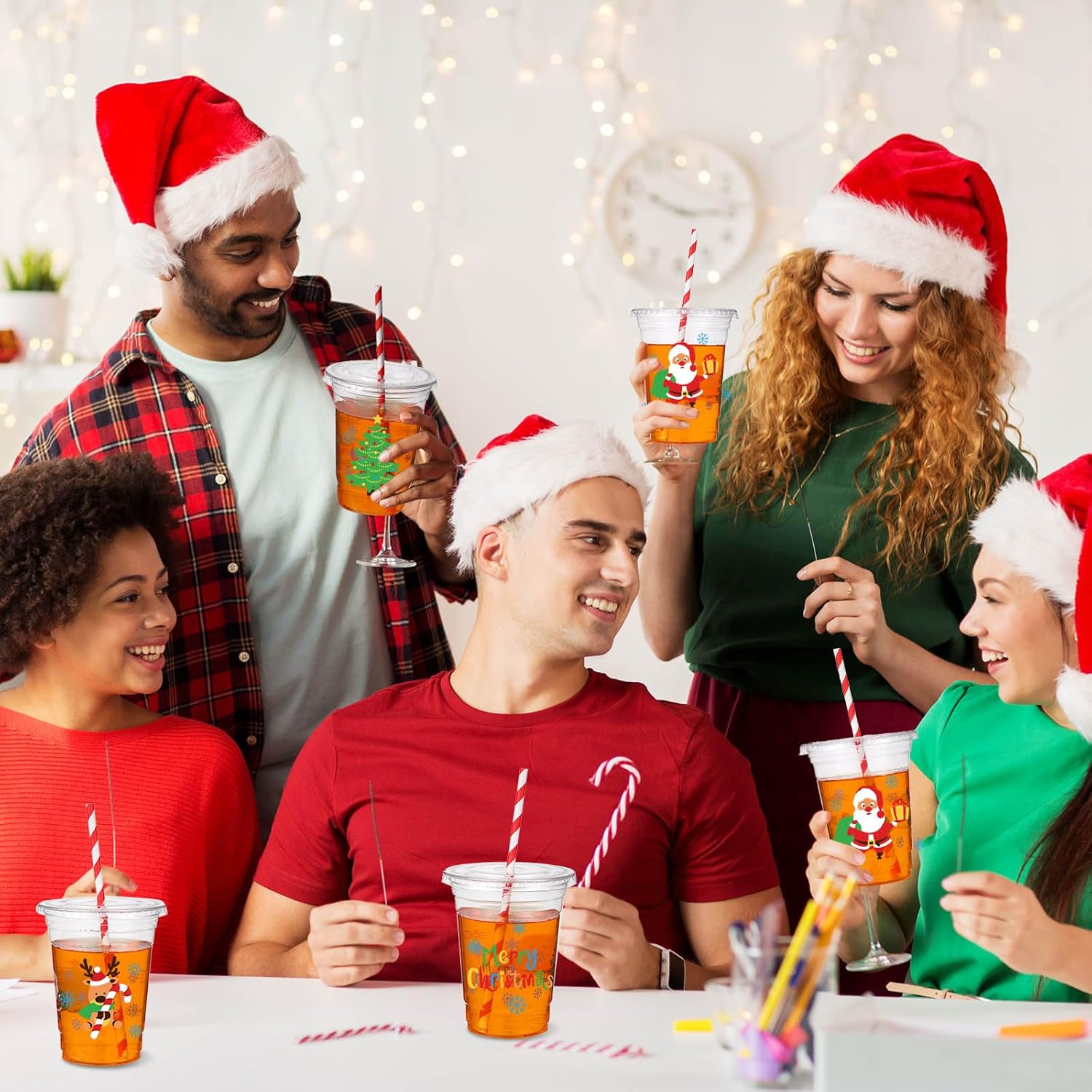 Sliner 50 Sets Christmas Disposable Plastic Cups with Lids and Paper Straws 16 oz Merry Christmas Clear Cold Beverage Drinking Cups for Xmas Holiday Party Supplies - Image 6