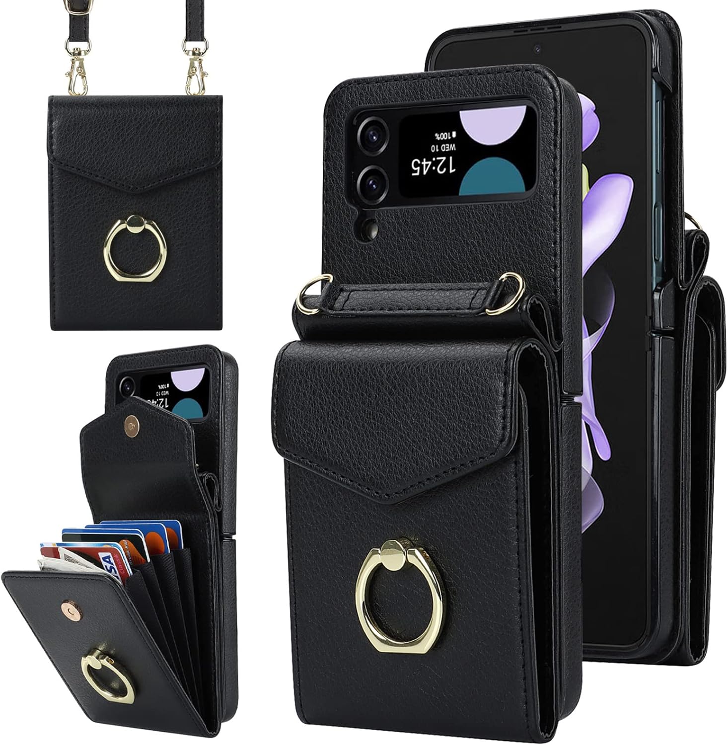 Crossbody Wallet Phone Case for Samsung Galaxy Z Flip 3 5G 2021 Leather Case with Card Holder & 360° Ring Kickstand Purse Cover Magnetic Closure Flip Handbag Shell(Black)