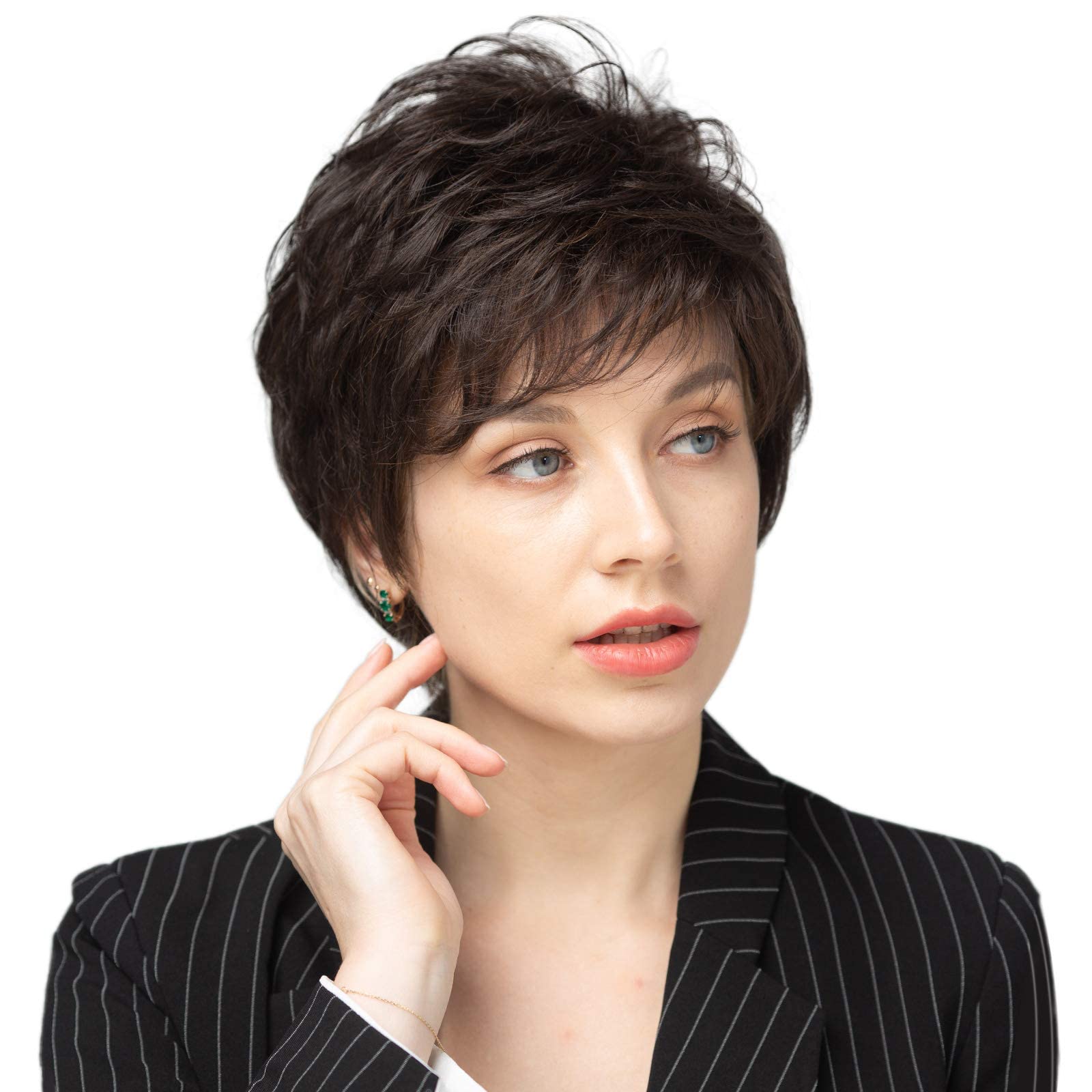 Sponsored Ad – Short Dark Brown Human Hair Wigs for Women Blend with Healthy Memory Fiber Pixie Curly Wig With Bang,Natural Daily Use Hair (Dark Brown)
