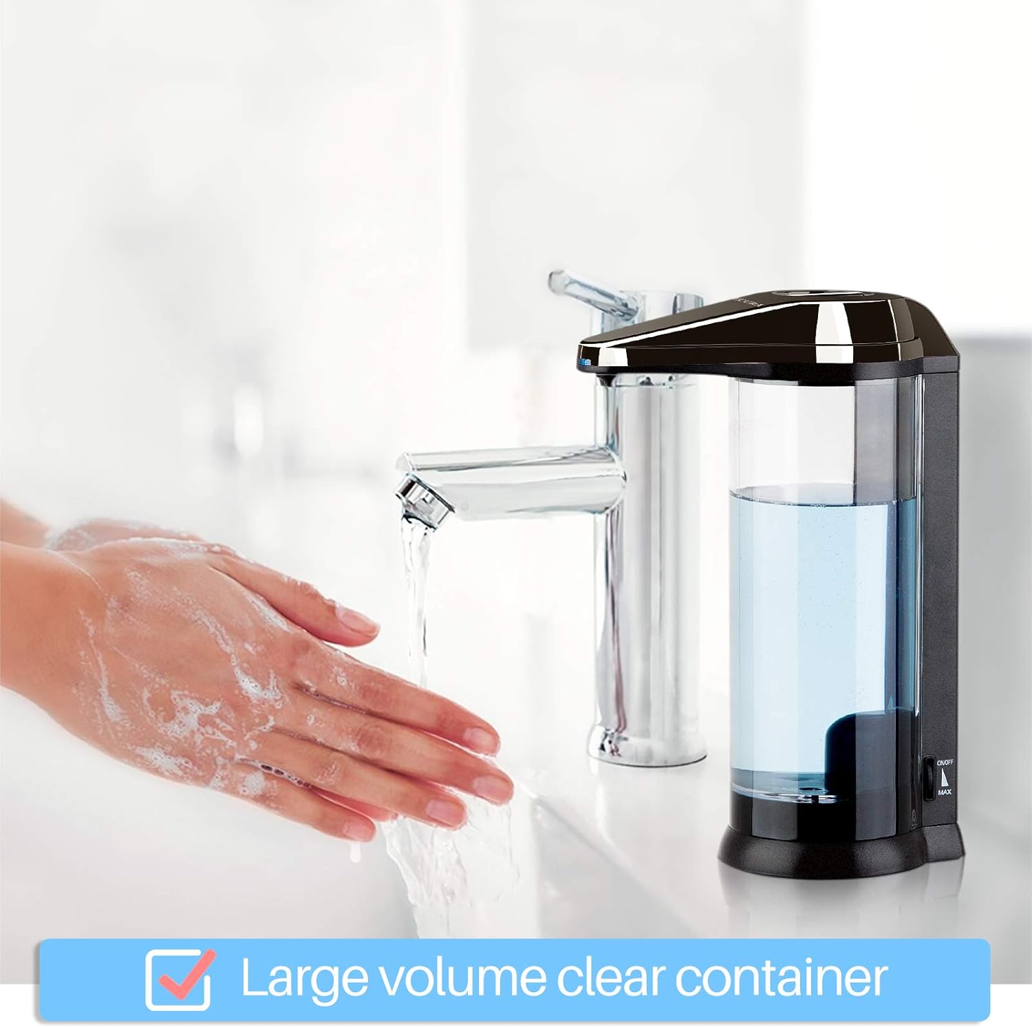 Secura soap dispenser with a large volume clear container next to a sink