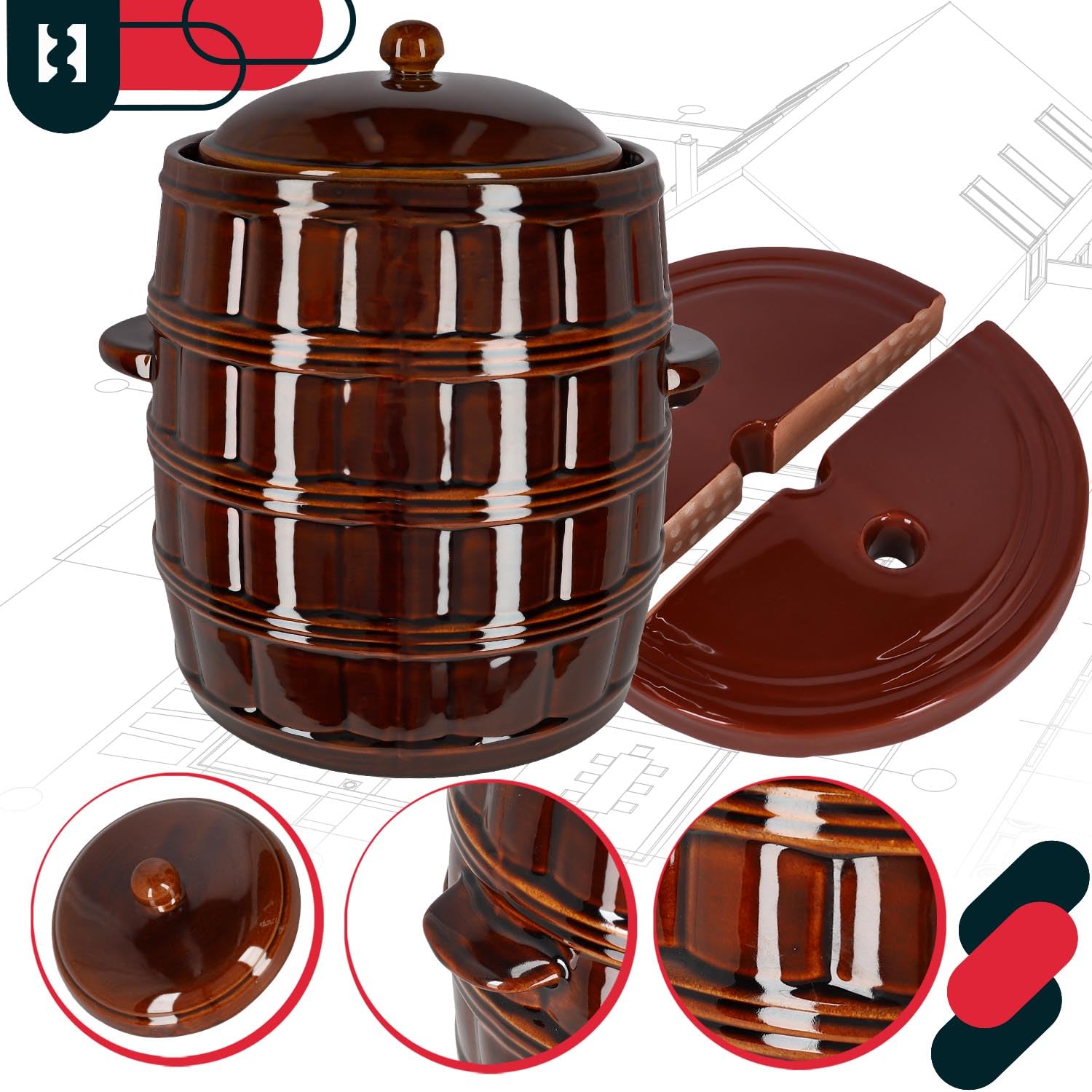 Kotarbau® - Pentola per fermentazione in terracotta ermeticamente chiudibile SizeName da usare per la fermentazione con coperchio + pietra di peso, marrone, 25 L