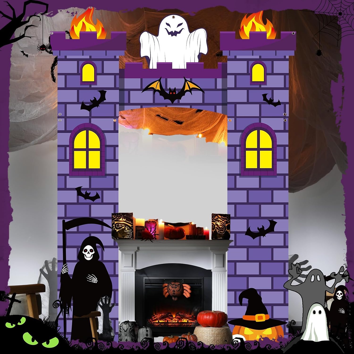 3 Pcs Halloween Door Banners Decorations Porch Banner Castle Creepy Pumpkin Ghost Hanging Signs for Front Door Wall Home Party Favors Supplies Spooky Holiday Yard Outdoor Indoor Outside