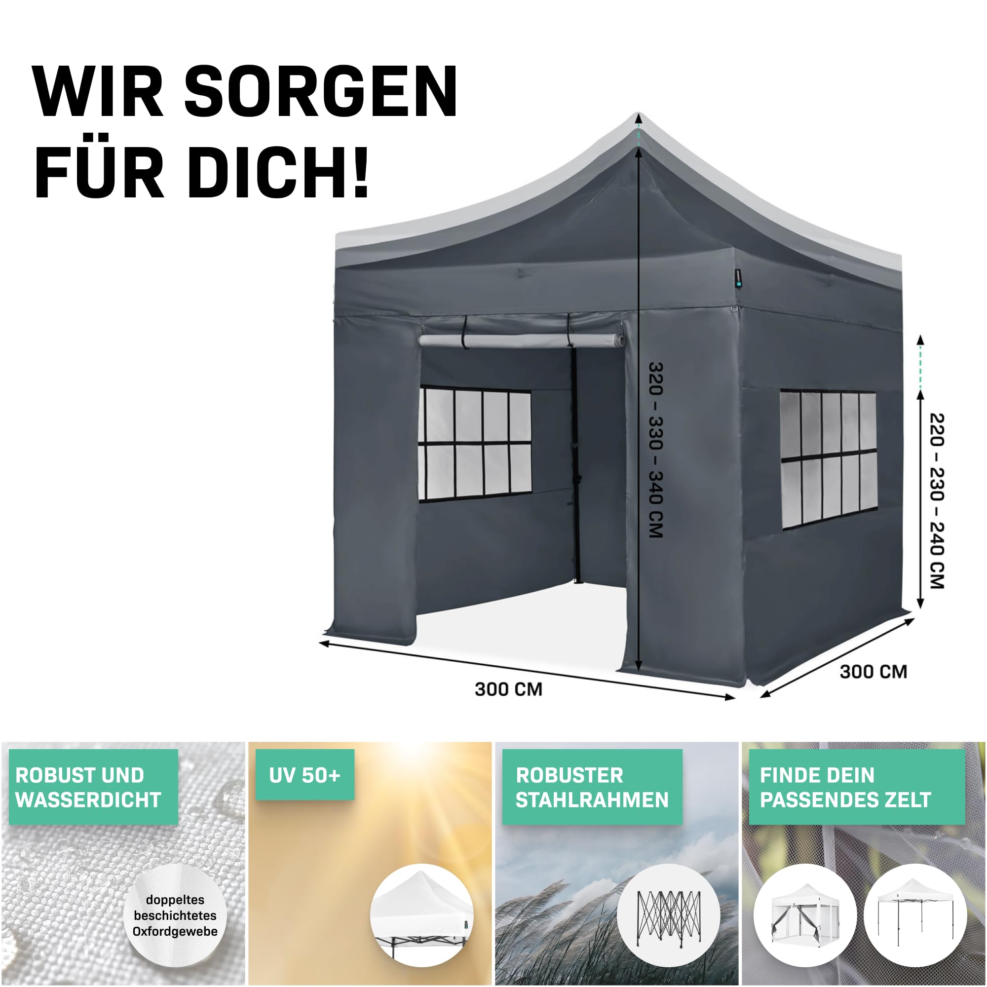 Vonroc Pavillon 3x3m Seitenwände wasserdicht stabil - Partyzelt mit Seitenwänden EasyUp System [3Min Aufbau] Popup Faltpavillon modular erweiterbar als Festival Zelt, Gartenpavillon - Grau